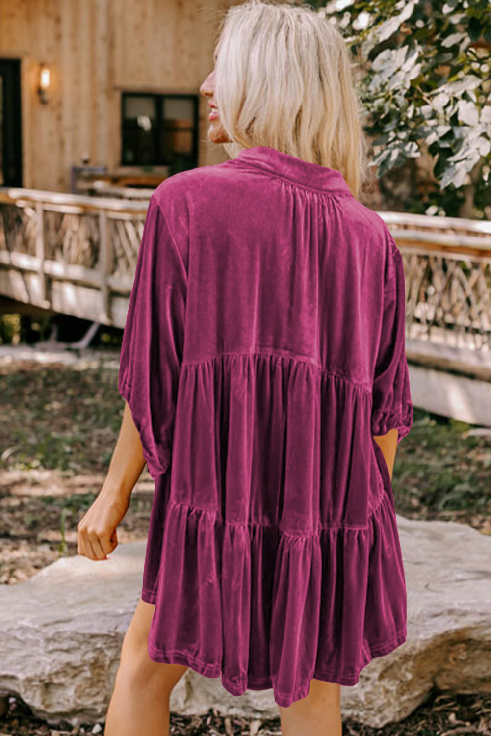 Burgundy 3/4 Sleeve Tunic Babydoll Velvet Shirt - loveforevers