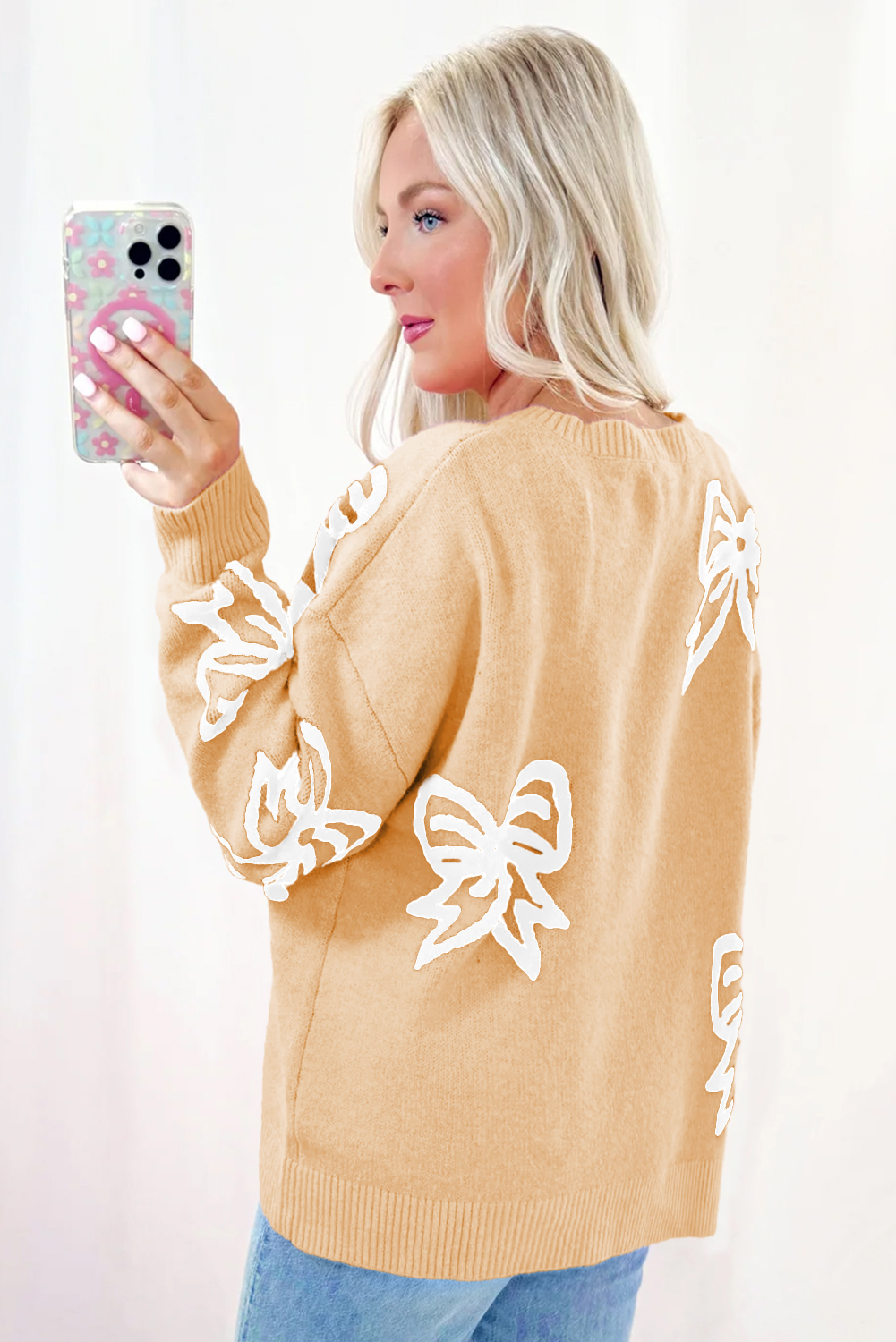 Golden Fleece Bow Pattern Drop Shoulder Loose Sweater - loveforevers