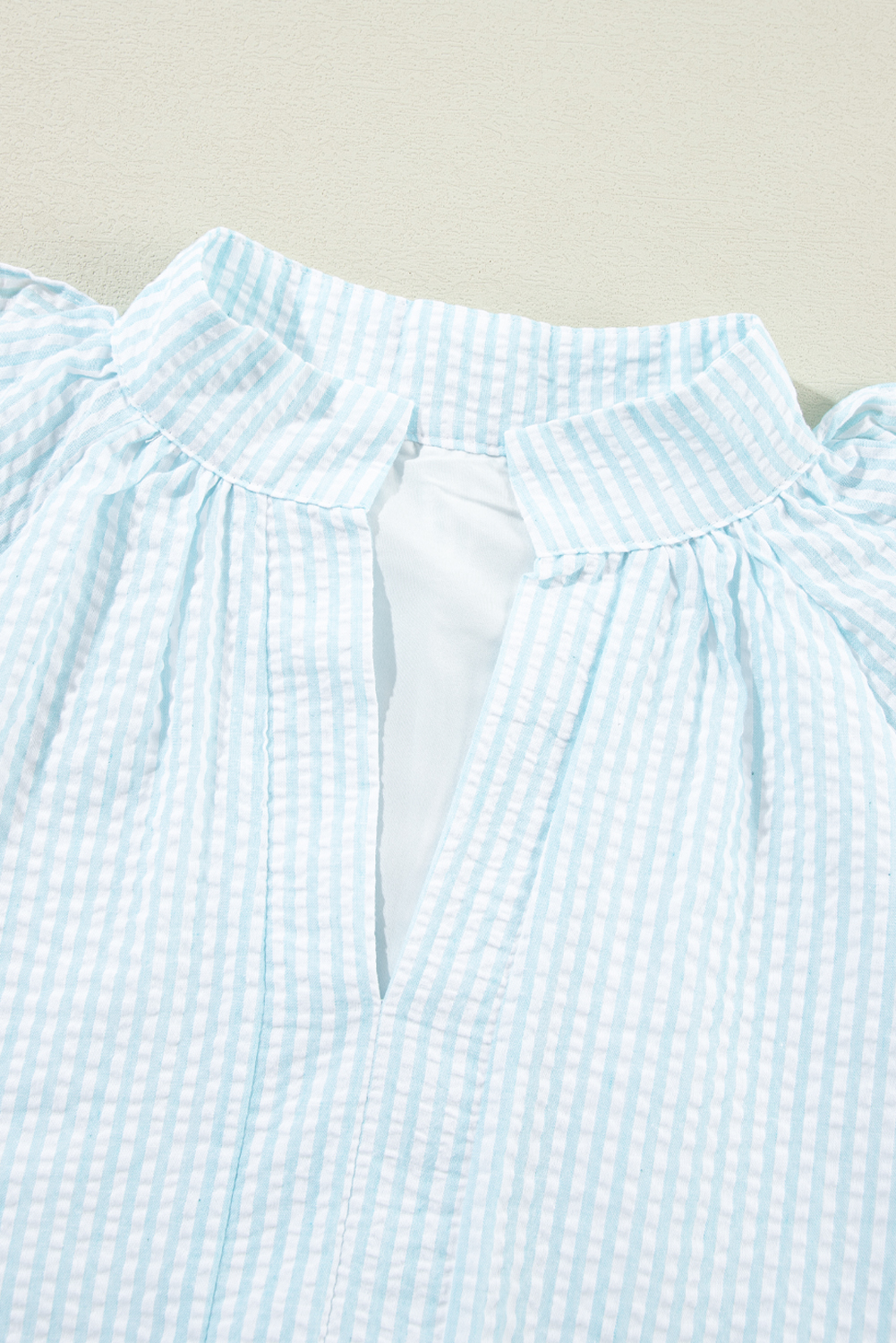 Myosotis Seersucker Ruffled Puff Sleeve Stand Neck Mini Dress - loveforevers