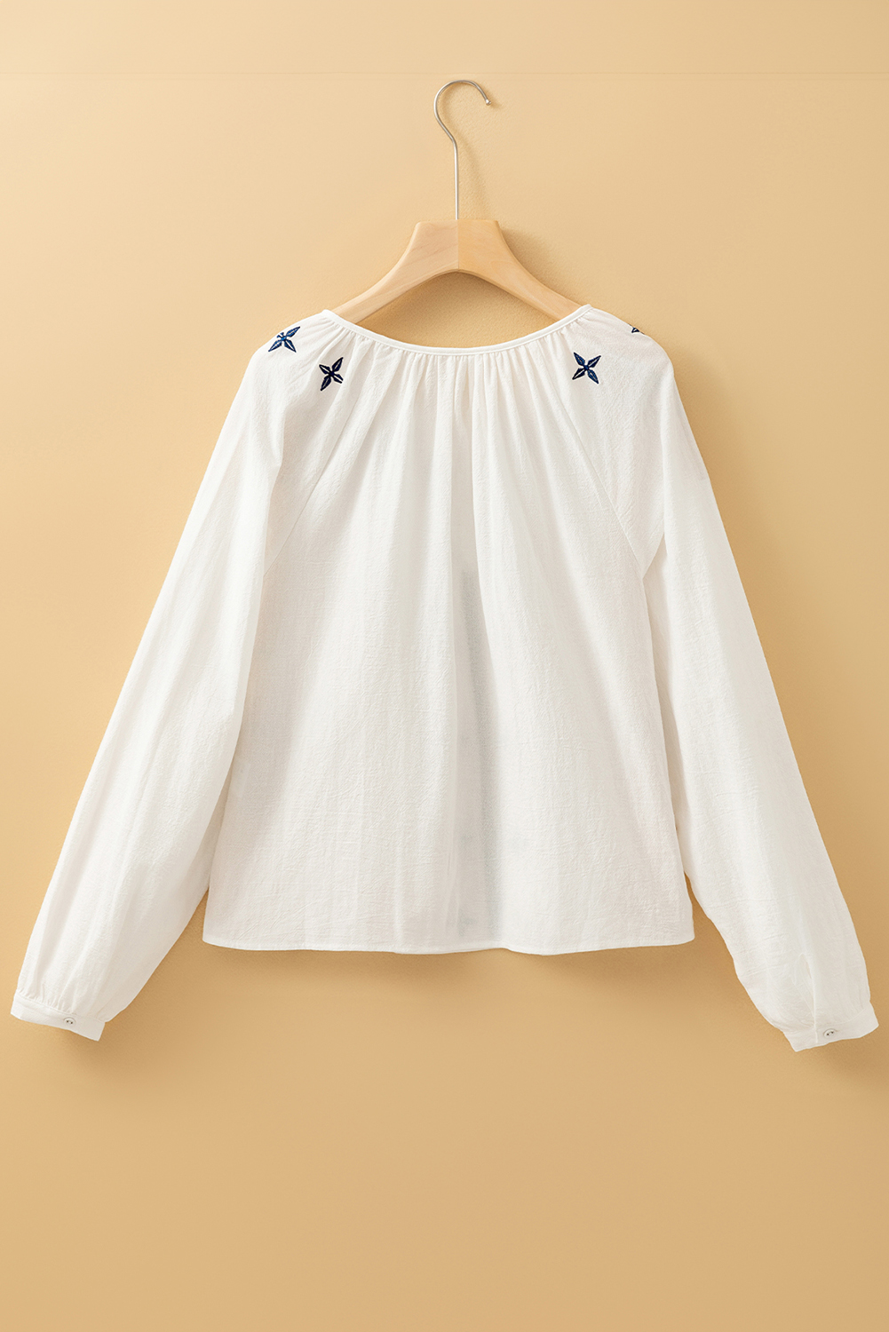 White Geometric Embroidered Long Sleeve Buttoned Blouse - loveforevers