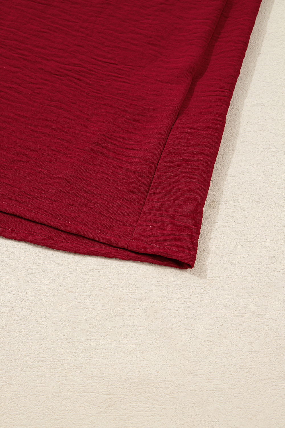 Burgundy Notched Neck Shirred Cuff Long Sleeve Blouse - loveforevers