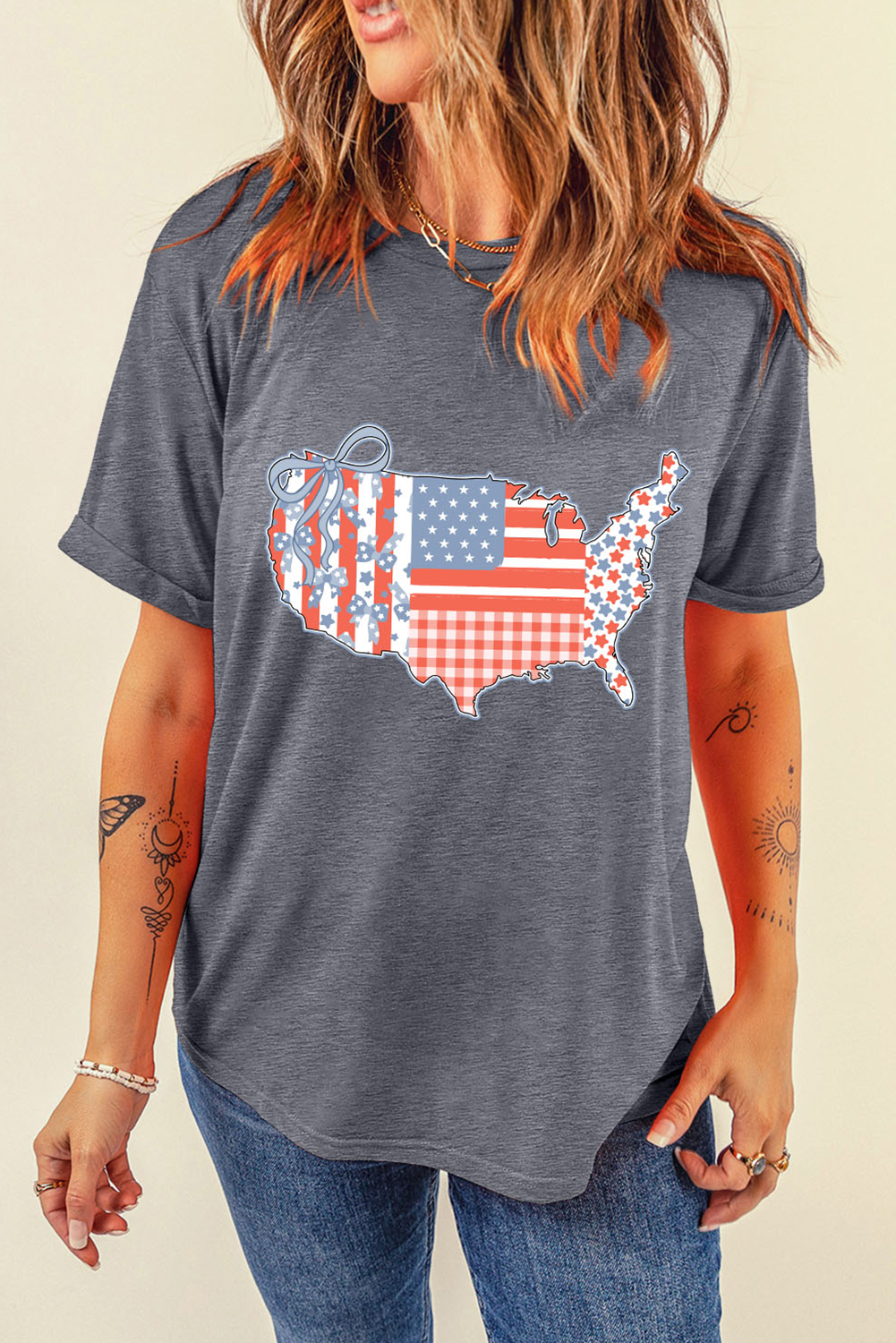 Gray American Flag Bow Map Graphic Tee - loveforevers