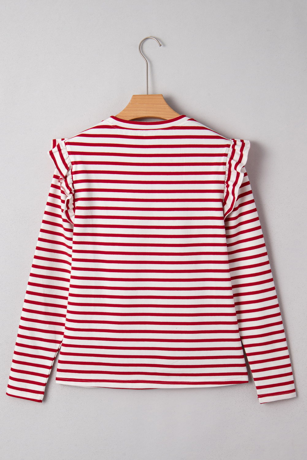 Red Stripe Round Neck Ruffle Trim Long Sleeve Top - loveforevers