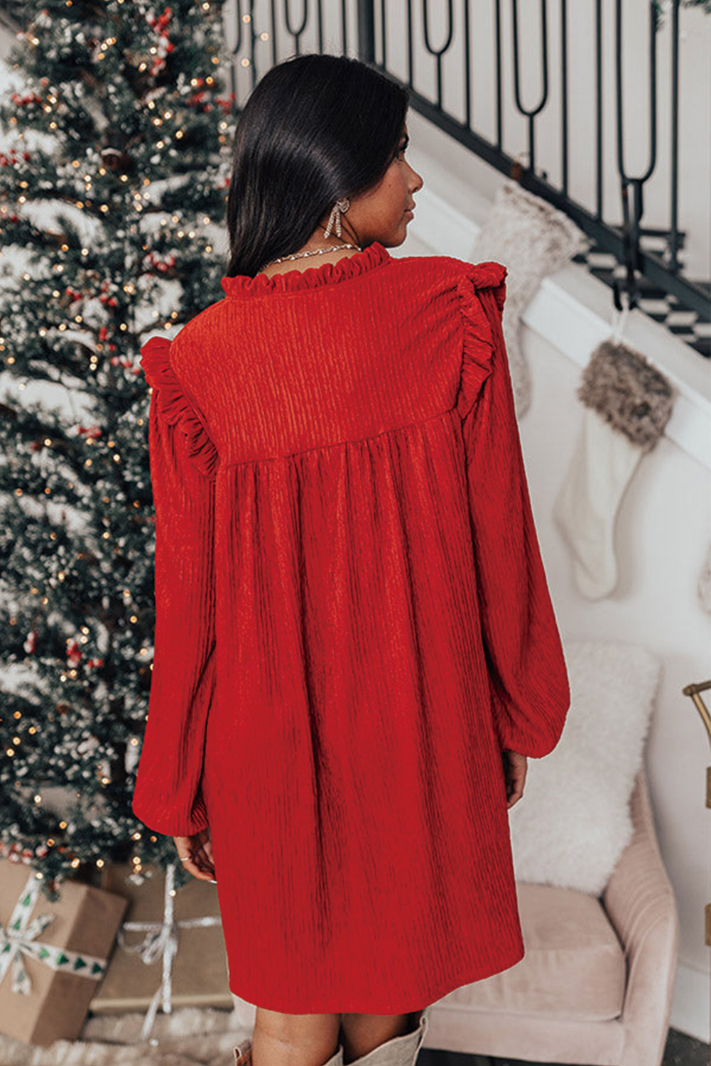 Fiery Red Textured Ruffled Trim V Neck Loose Fit Mini Dress - loveforevers