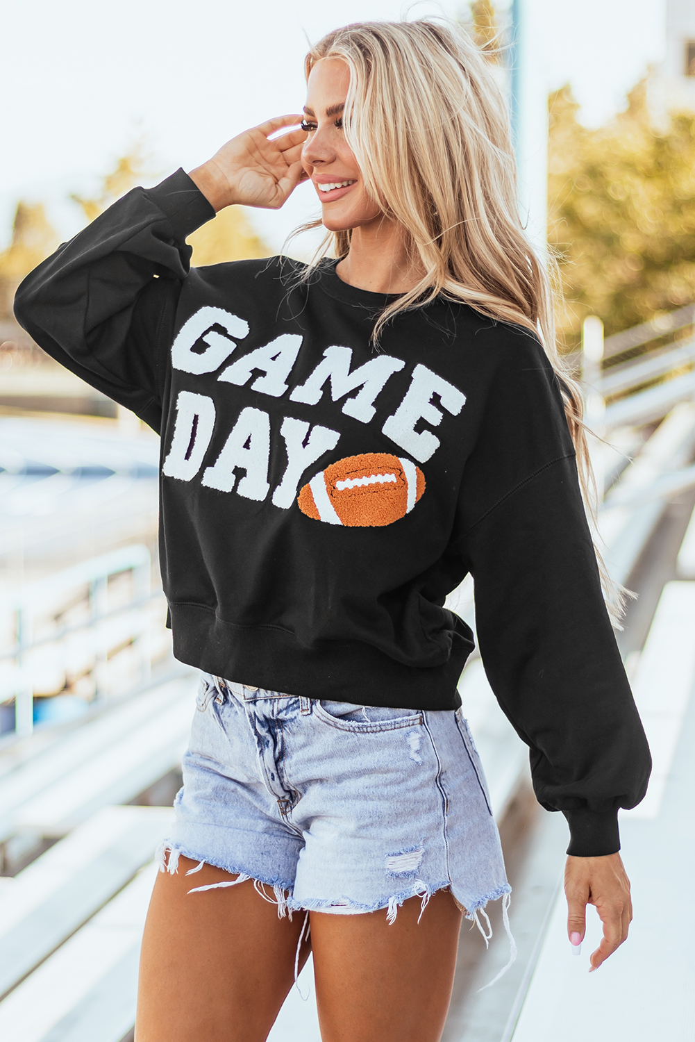 Black GAME DAY Graphic Varsity Pullover Sweatshirt - loveforevers