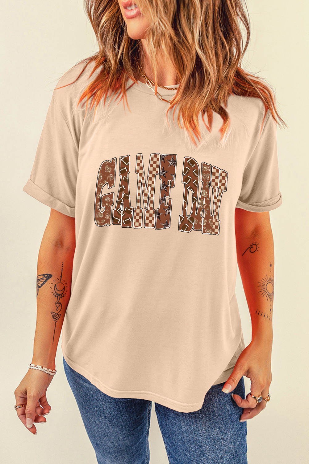 Khaki GAME DAY Rugby Checkered Letter Graphic T Shirt - loveforevers