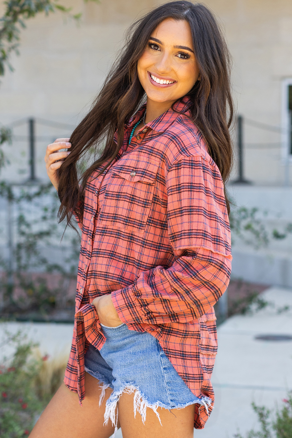 Red Plaid Long Sleeeve Side Split Distressed Hem Shirt - loveforevers