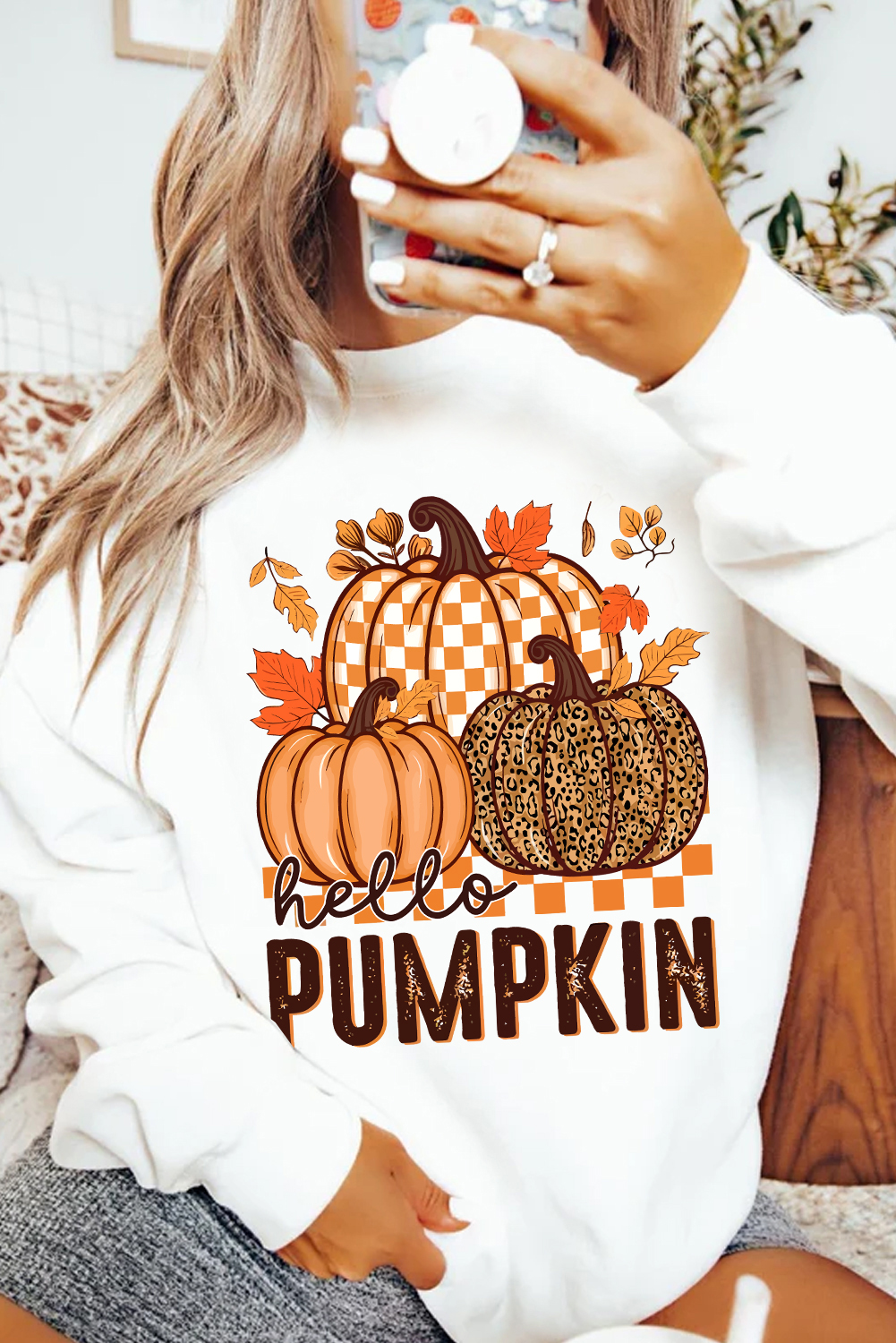 White Hello Pumpkin Thanksgiving Graphic Sweatshirt - loveforevers