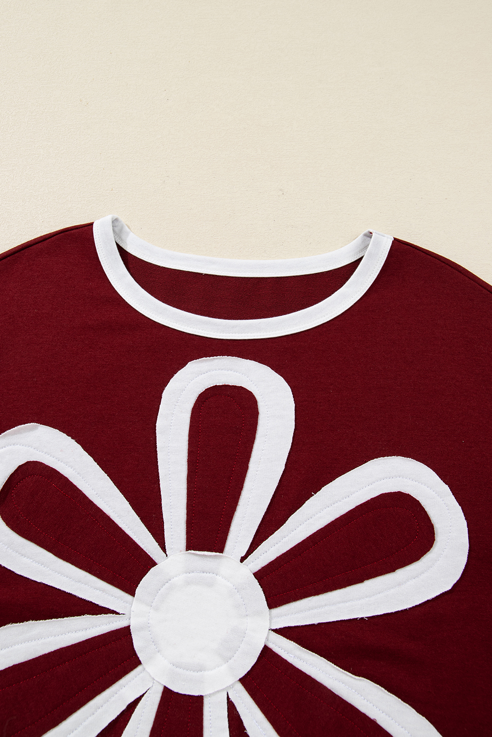 Red Dahlia Cheerful Daisy Flower Patched Round Neck Long Sleeve Top - loveforevers