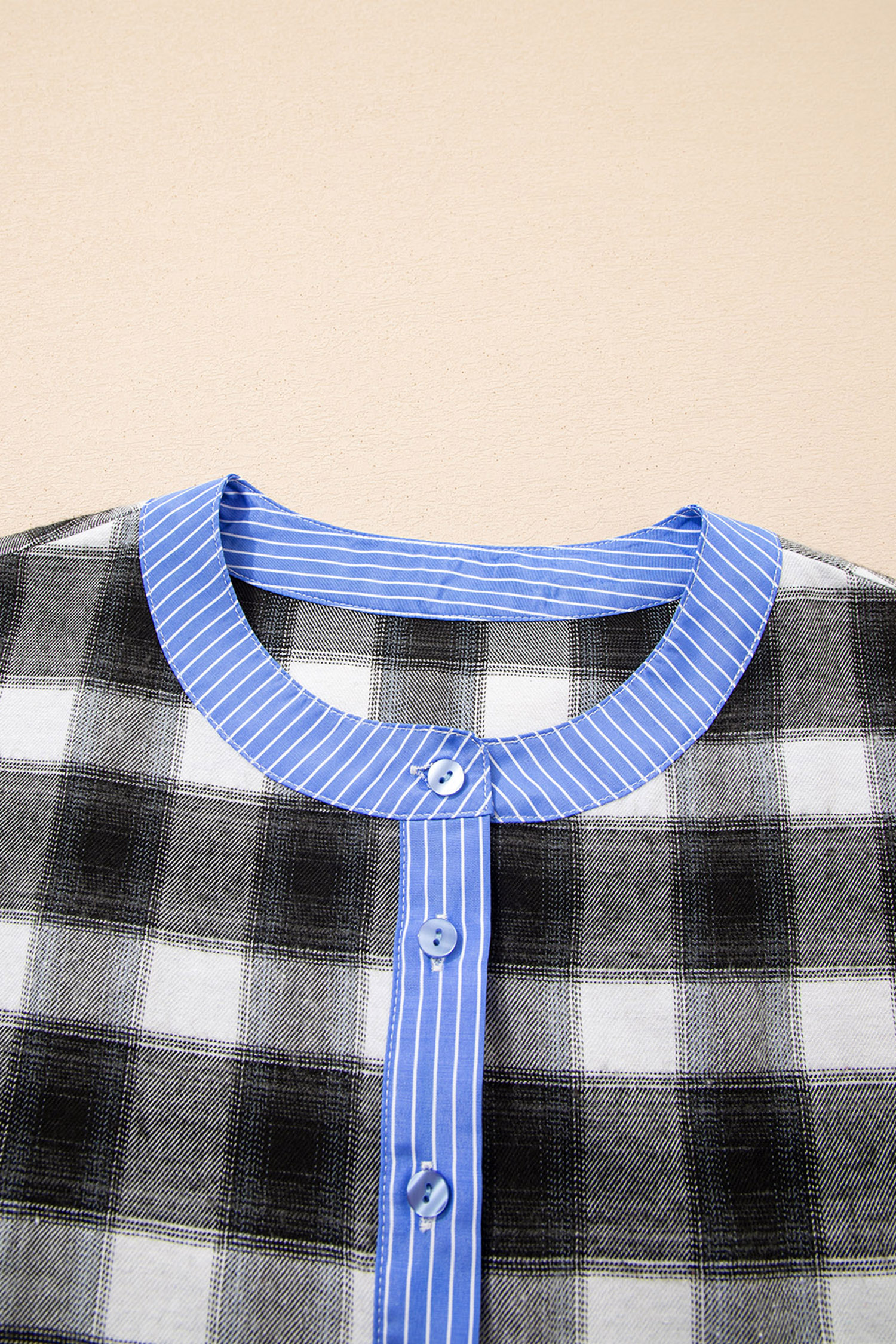Black Contrast Striped Edge Half Placket Plaid Blouse - loveforevers