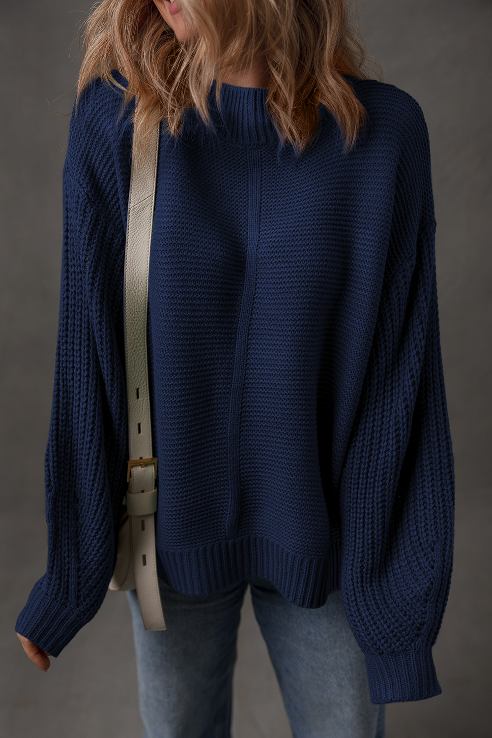 Dirty blue Solid Color Front Seam Drop Shoulder Loose Sweater - loveforevers