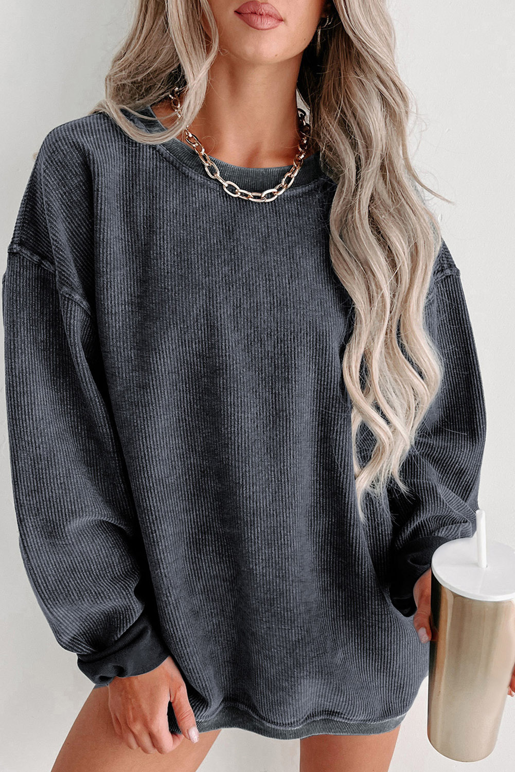 Pink Solid Ribbed Knit Round Neck Pullover Sweatshirt - loveforevers