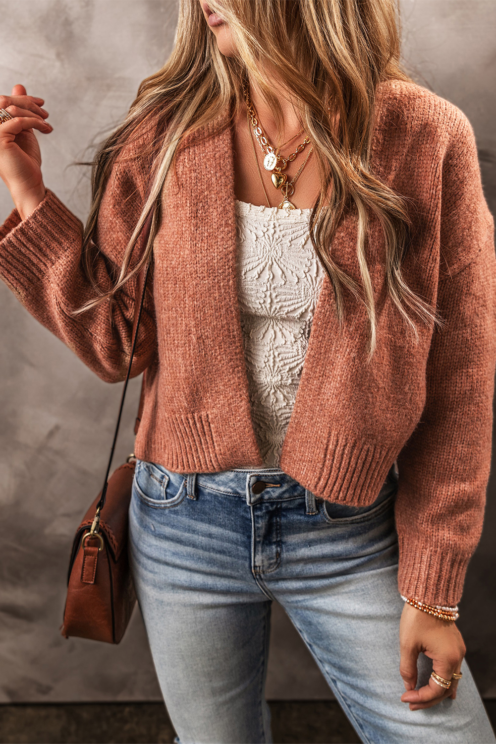 Light French Beige Drop Shoulder Open Front Cropped Cardigan - loveforevers