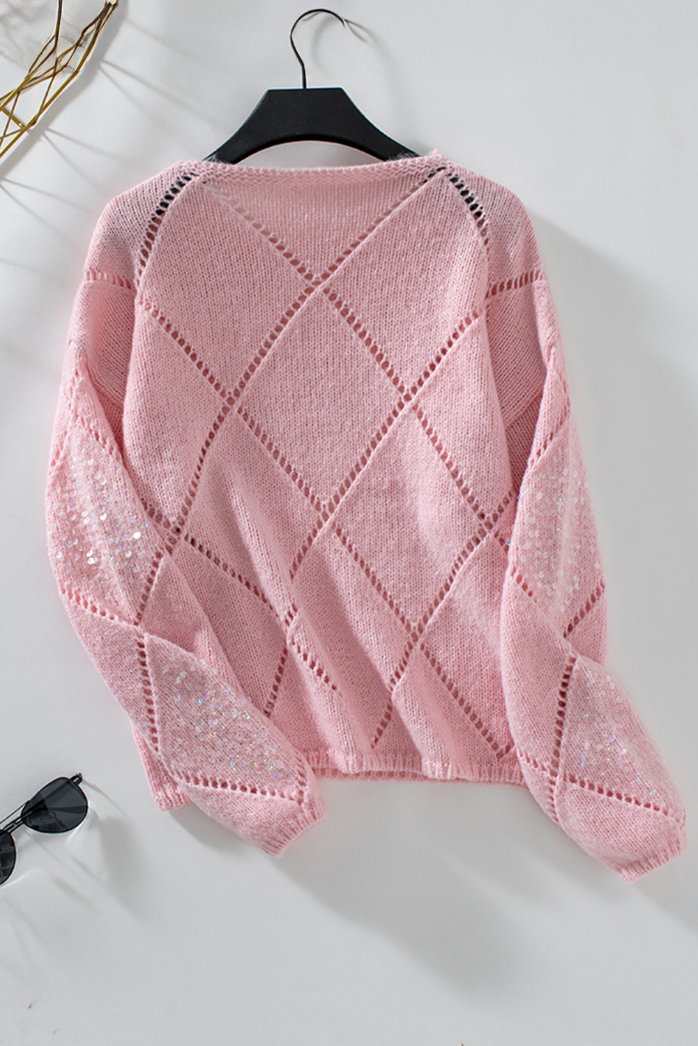 Dusk Blue Hollowed Rhombus Pattern Sequin Detail Round Neck Sweater - loveforevers