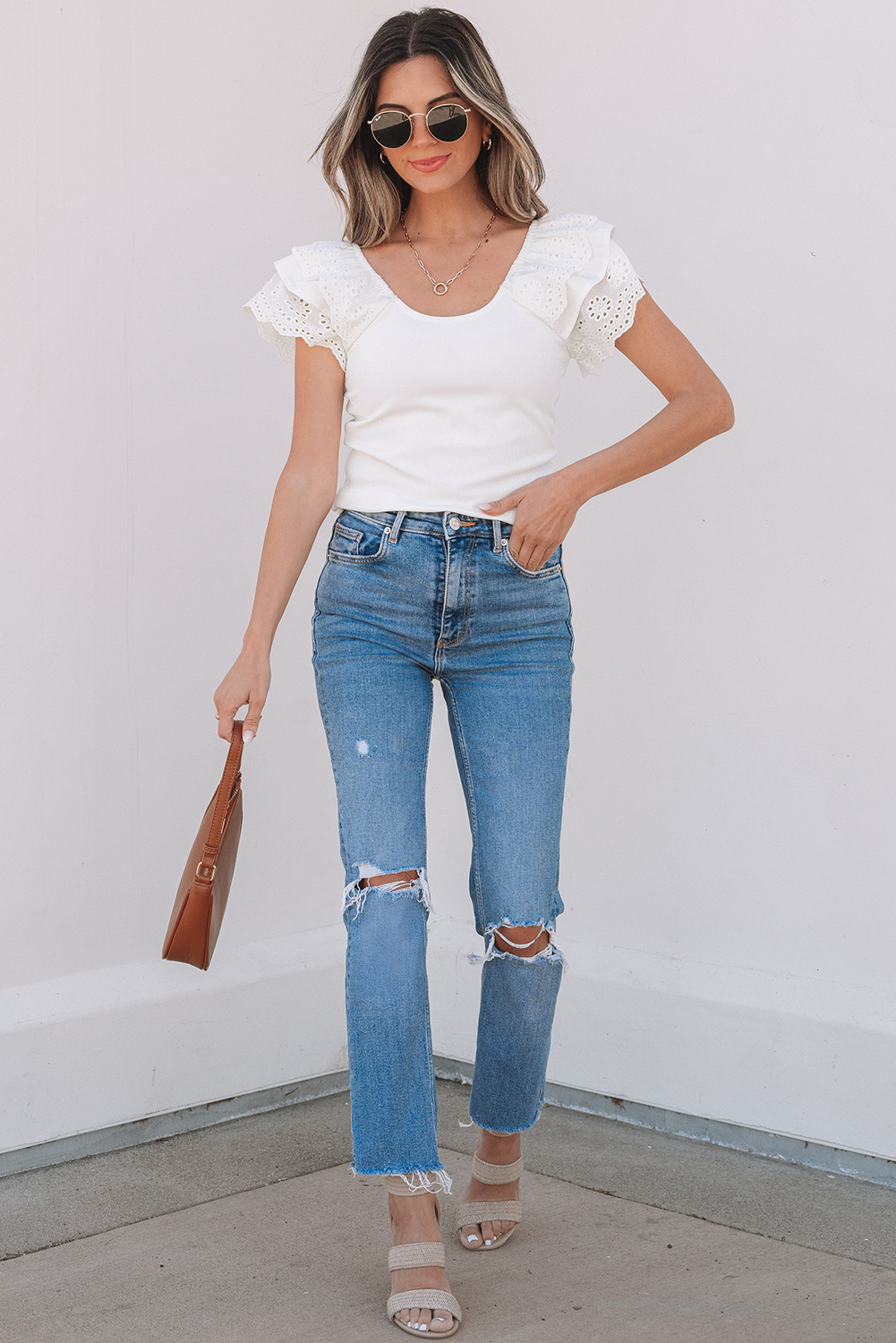 White Eyelet Ruffle Sleeve Slim Fitted Top - loveforevers