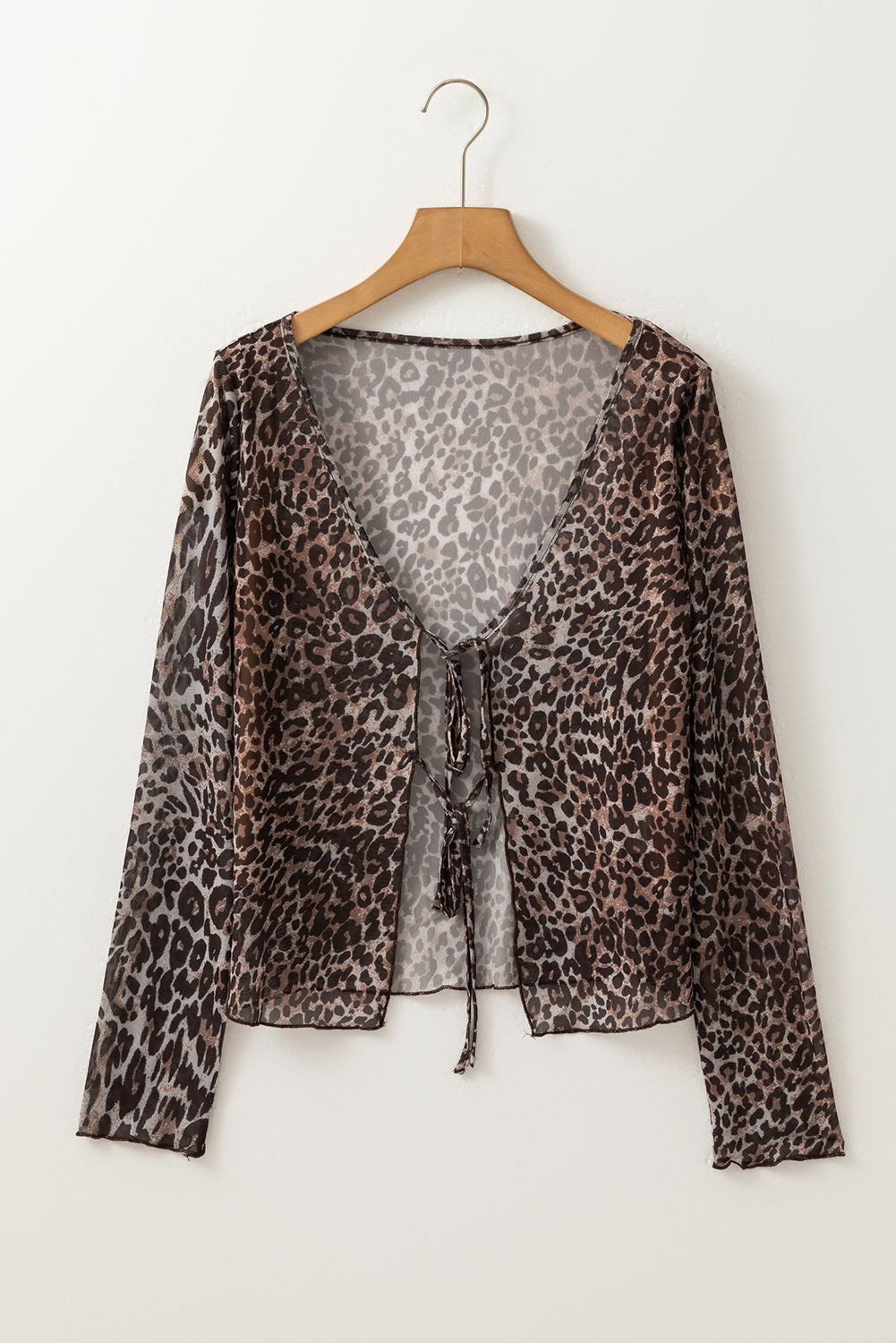 Multicolour Leopard Sheer Mesh Long Sleeve V Neck Lace-up Blouse - loveforevers