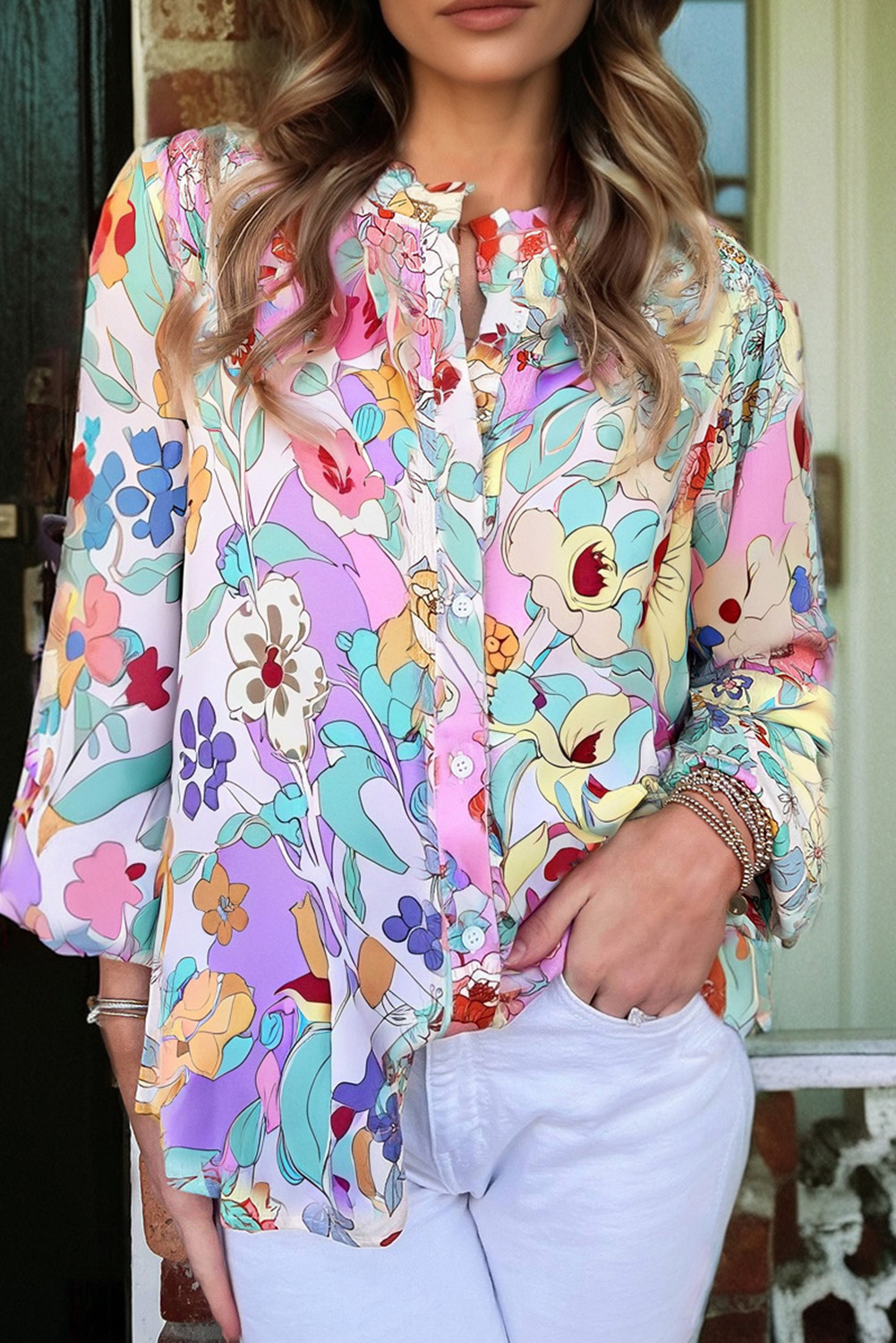 Pink Floral Print Patchwork Frilly Neckline Long Sleeve Shirt - loveforevers
