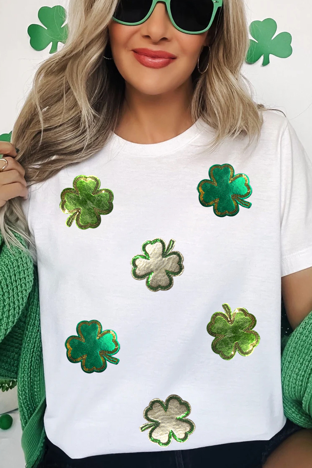 White St.Patrick Clover Crew Neck T Shirt - loveforevers