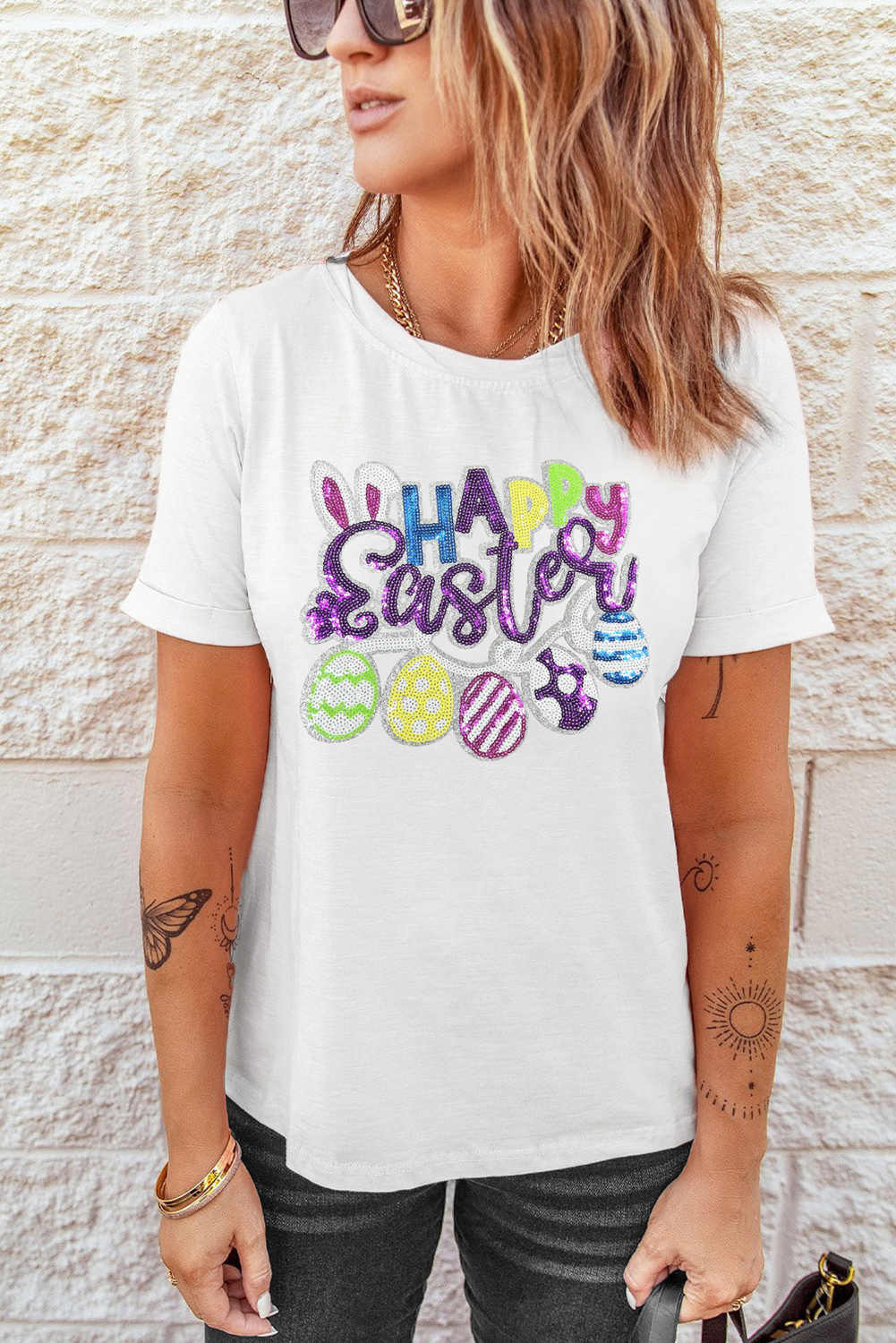White Happy Easter Sequin Patched Casual Tee - loveforevers