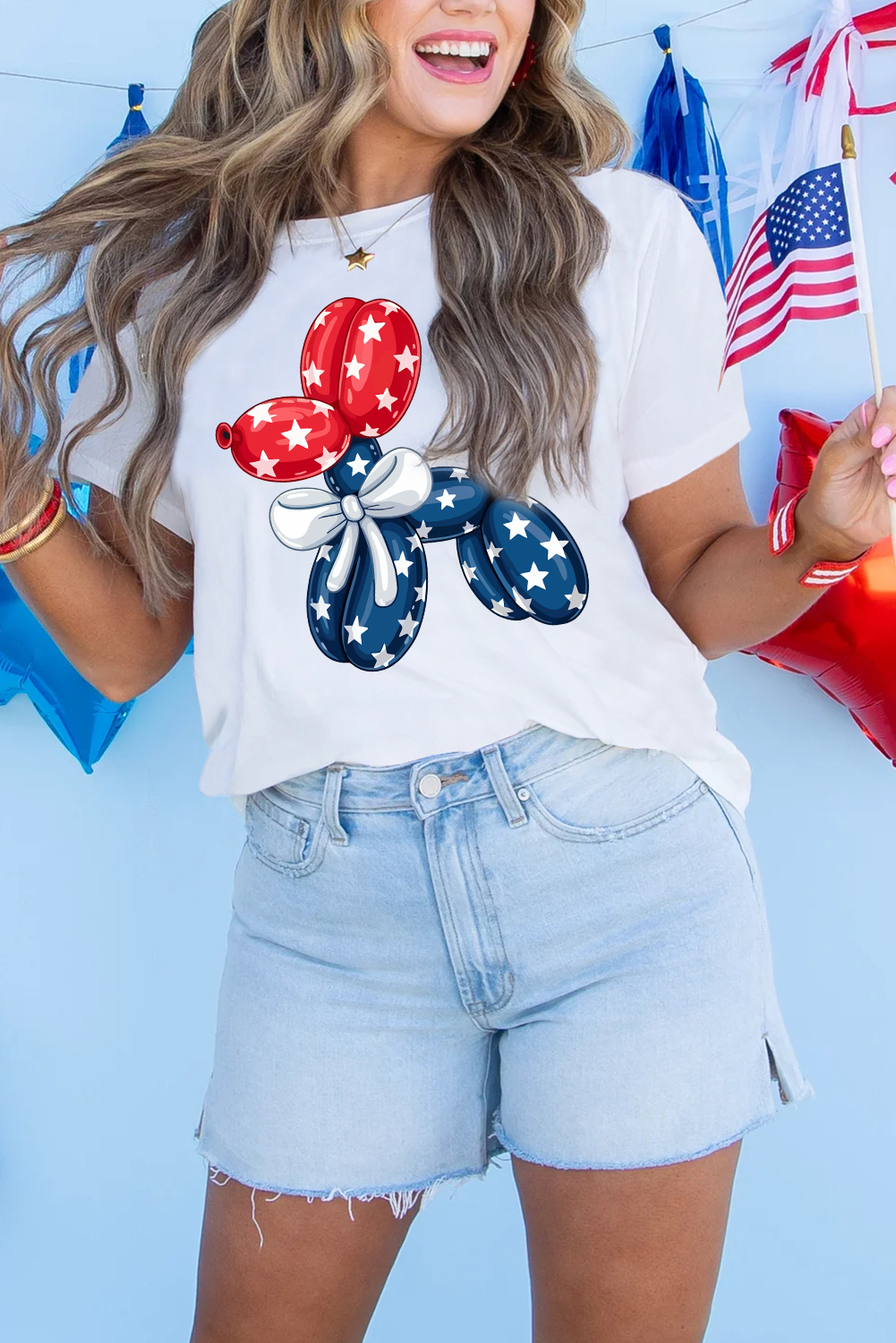 White American Flag Inspired Balloon Dog Graphic Cotton Blend T Shirt - loveforevers