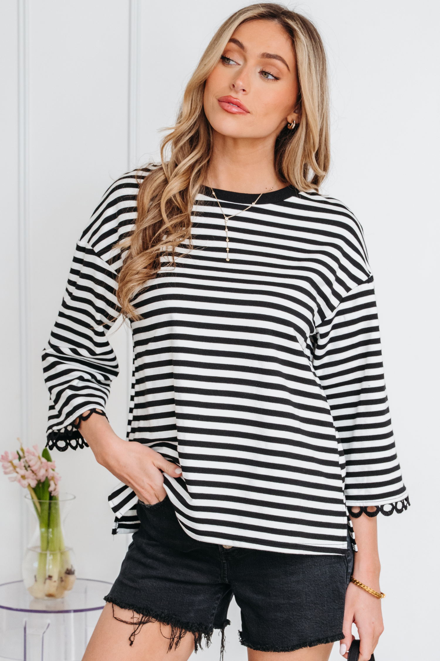 Racing Red Striped Print Drop Shoulder Lace Trim Bracelet Sleeve Loose Top - loveforevers