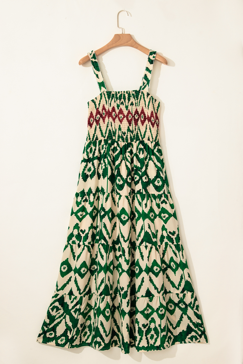 Green Western Aztec Shirred A-line Sleeveless Maxi Dress - loveforevers