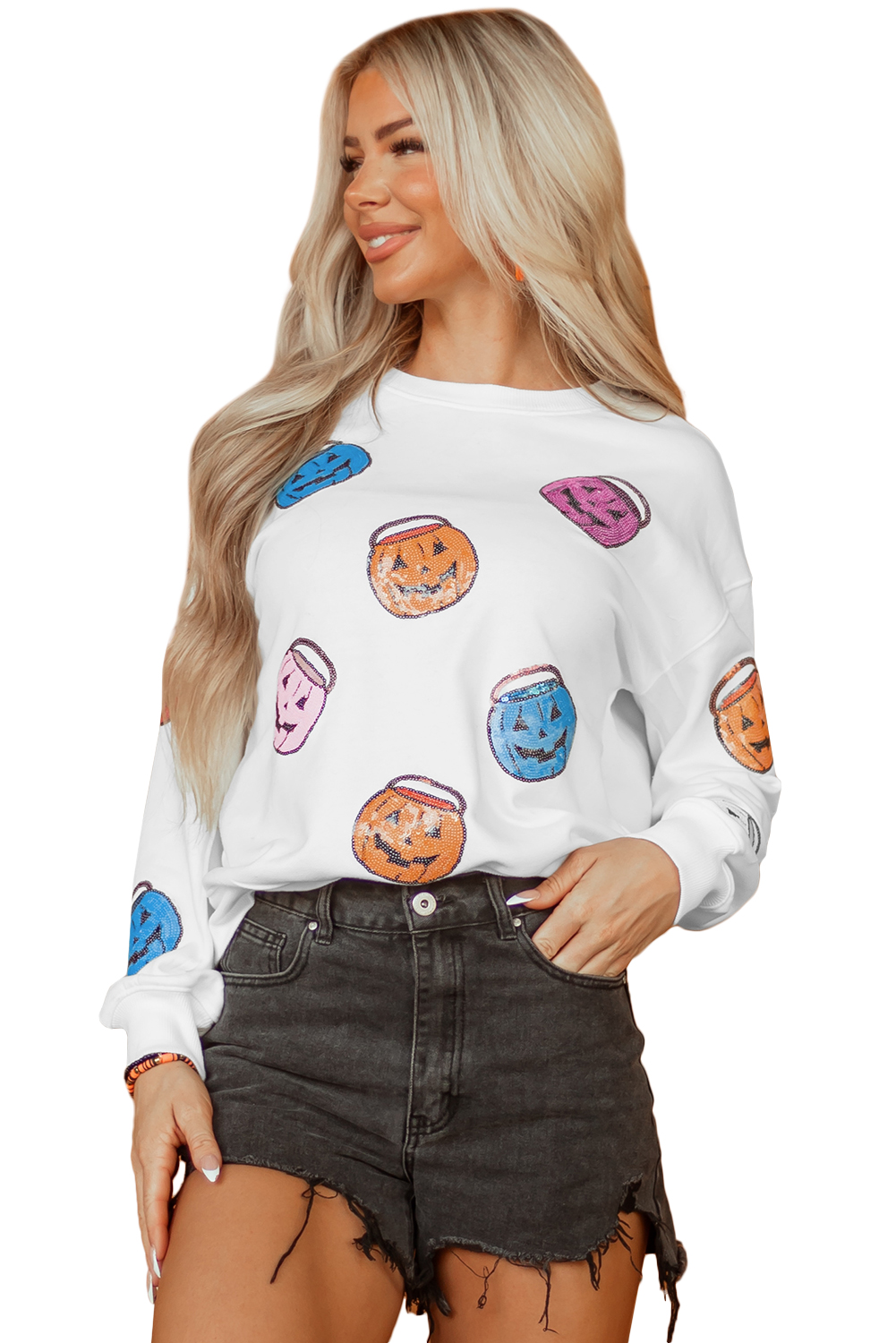 White Halloween Pumpkin Lantern Sequin Patched Sweatshirt - loveforevers