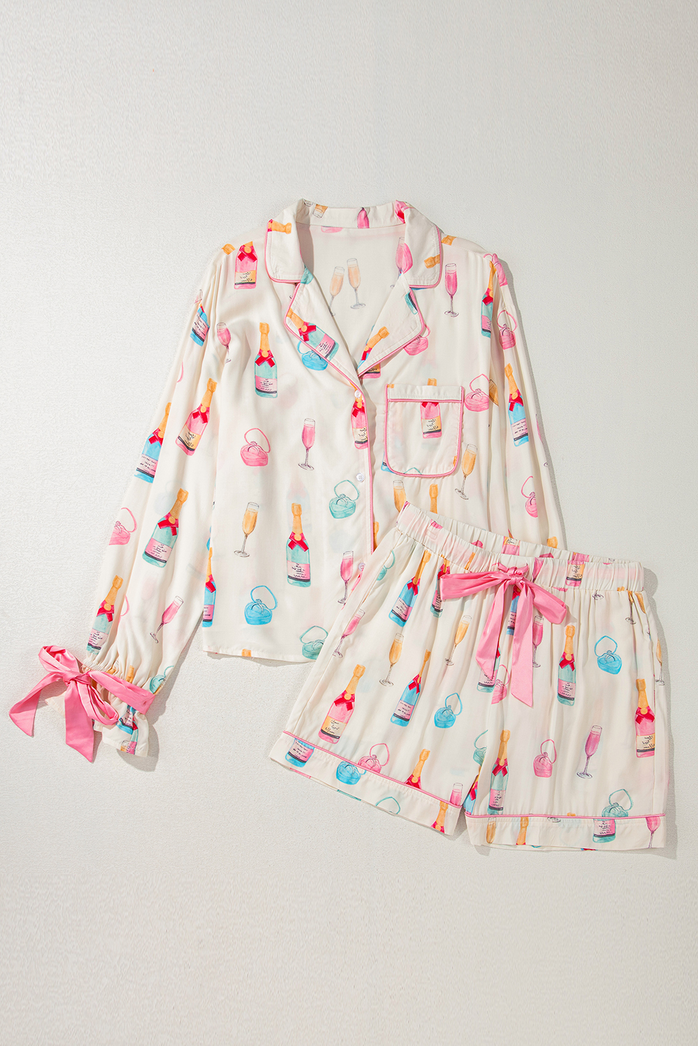 White Christmas Wine Glass Print Bow Knot Two Piece Pajama Set - loveforevers