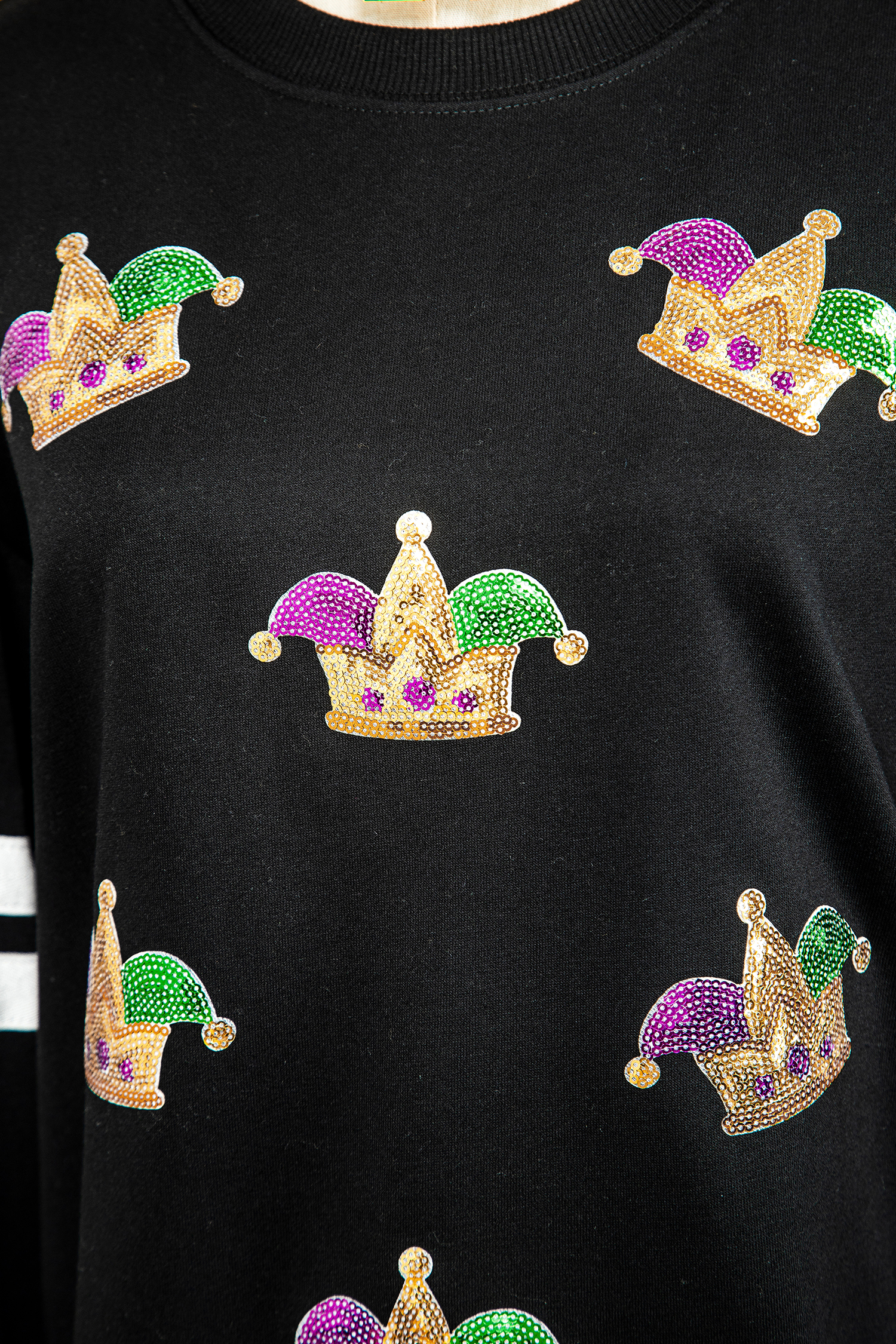 Black Sequin Mardi Crown Dropped Shoulder Varsity Sweatshirt - loveforevers