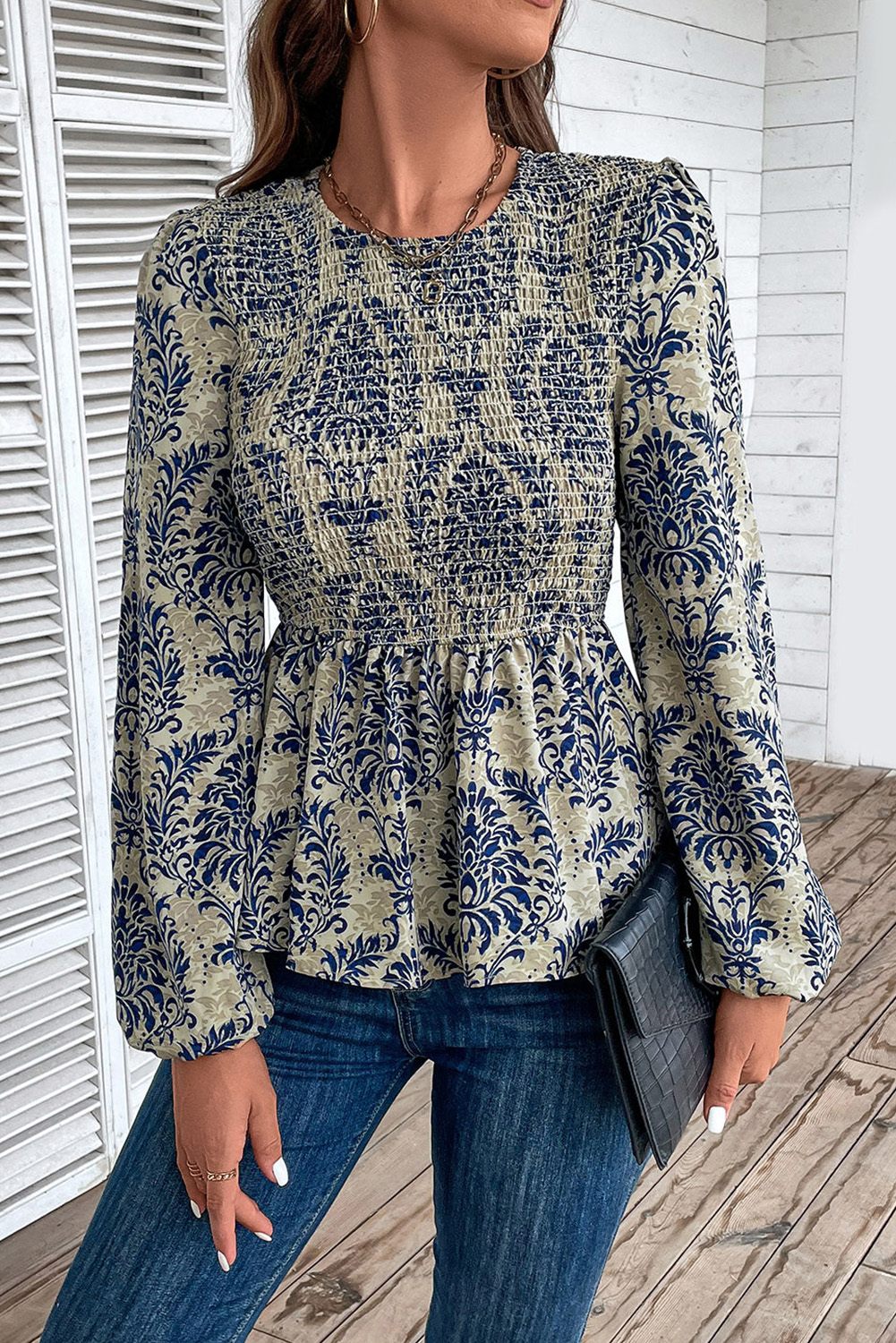 Sky Blue Boho Printed Balloon Sleeve Smocked Peplum Blouse - loveforevers