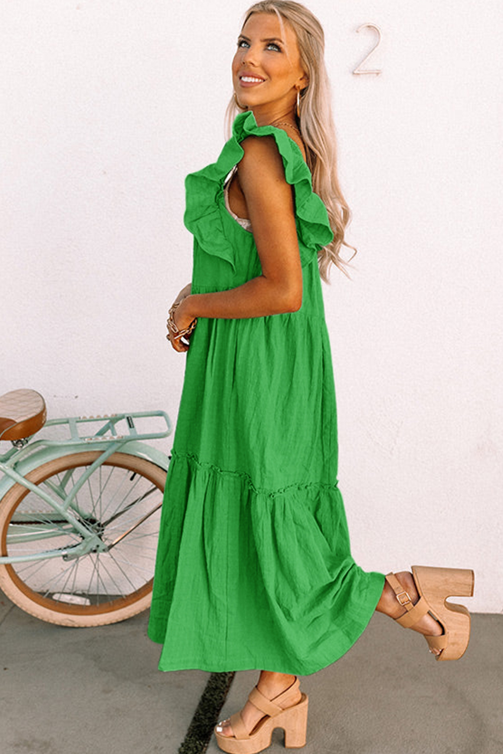 Sky Blue Ruffled Flutter Sleeve Square Neck Textured Tiered Maxi Dress - loveforevers