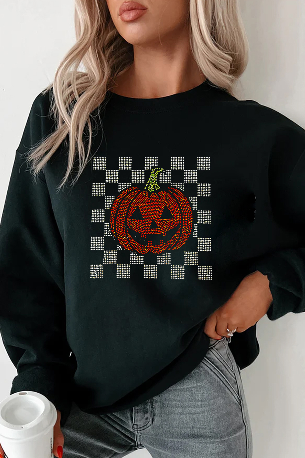 Black Rhinestone Jack-o-lantern Checkered Graphic Halloween Sweatshirt - loveforevers