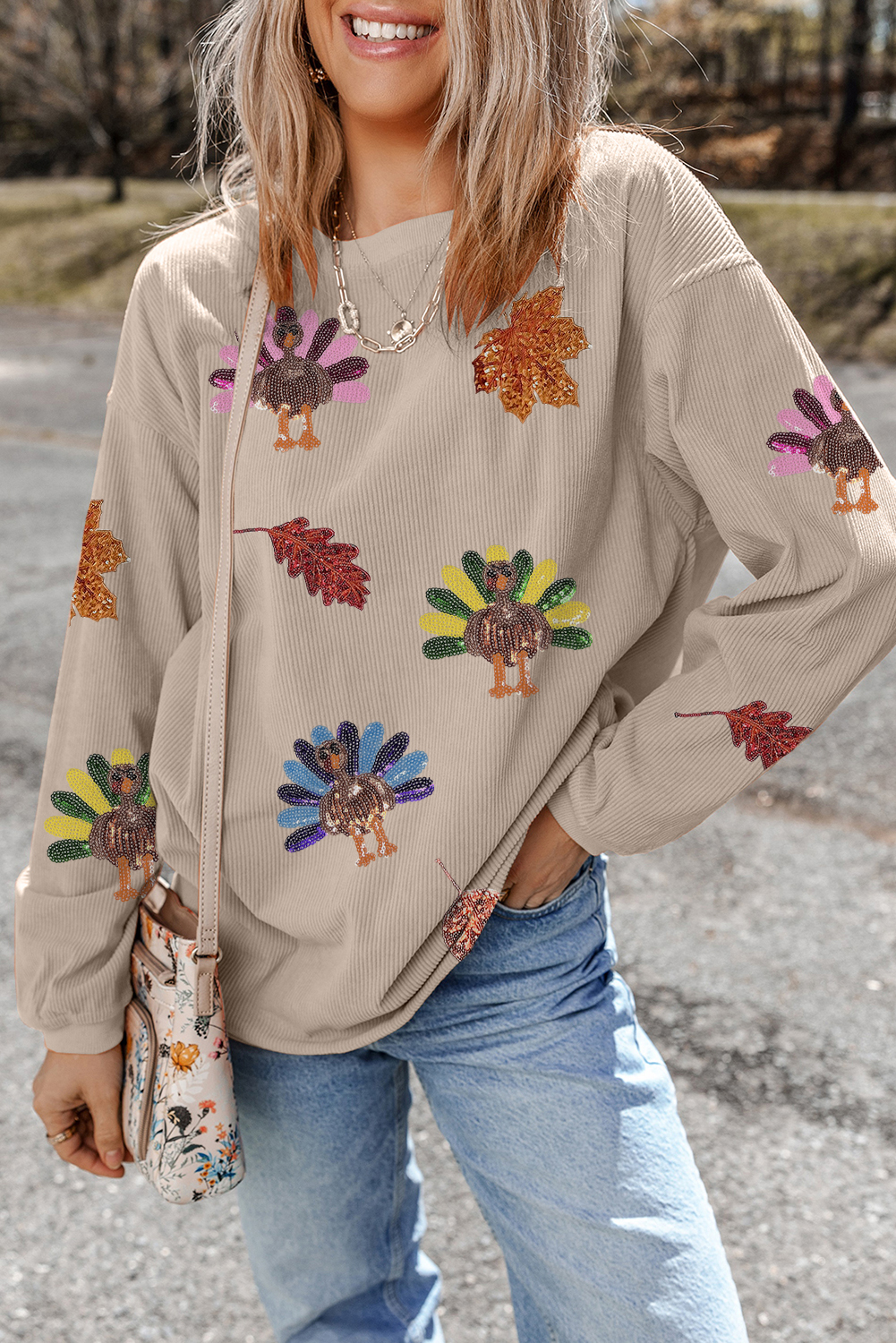 Smoke Gray 3D Ribbed Sequin Fall Leaf Turkey Graphic Baggy Sweatshirt - loveforevers