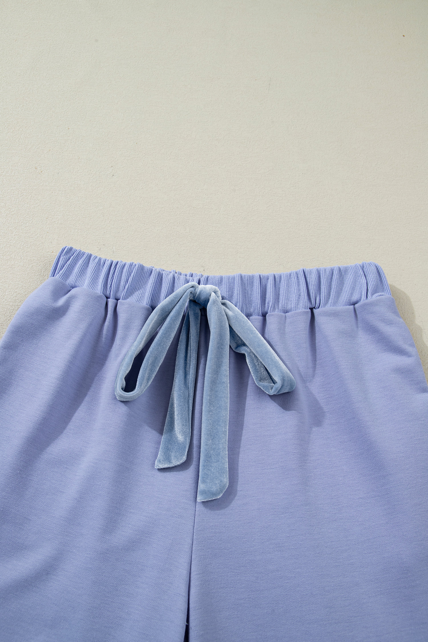 Beau Blue Flounce Long Sleeve Top Drawstring Pants Contrast Velvet Bow Knot 2pcs Lounge Set - loveforevers