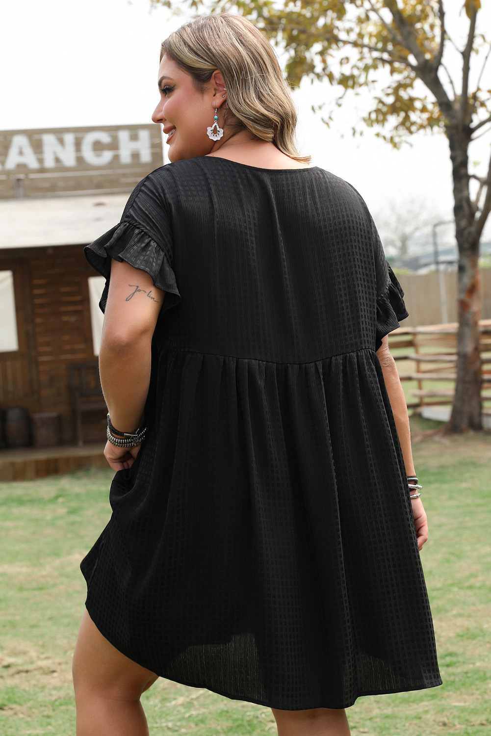 Black Textured Ruffled Sleeve Babydoll Plus Dress - loveforevers
