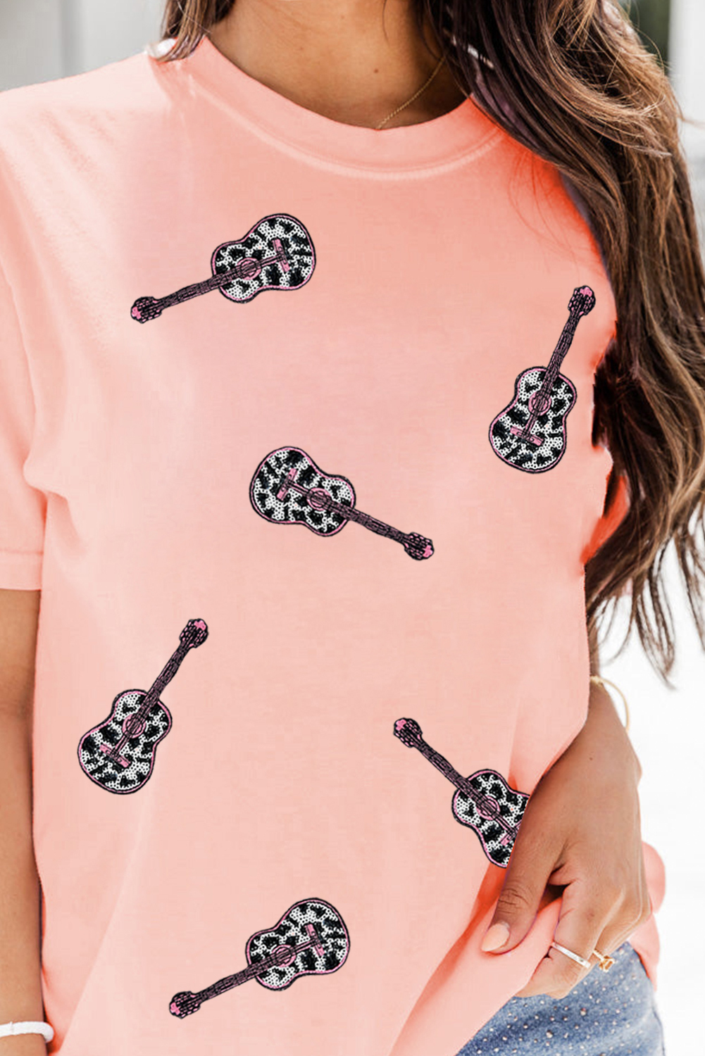 Pink Leopard Guitar Sequin Patch Crew Neck Tee - loveforevers