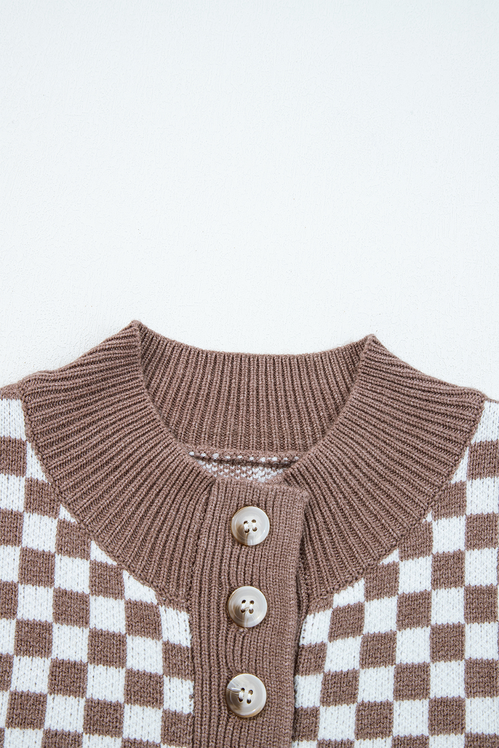 Dark Brown Half Button Ribbed Trim Checkerboard Knit Sweater - loveforevers