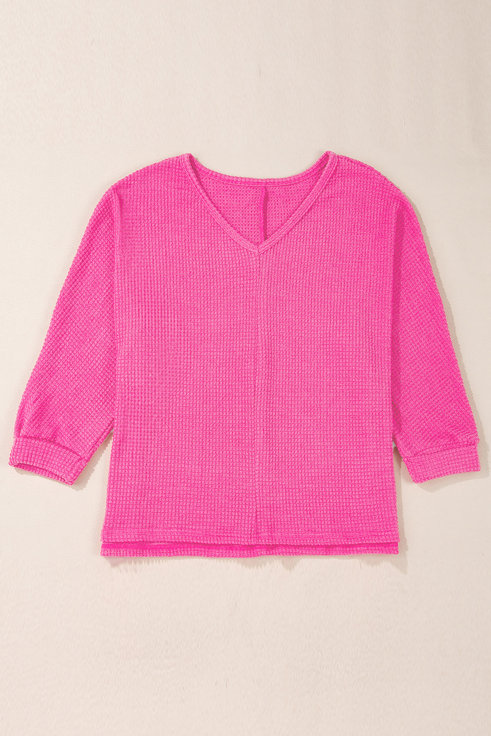 White Waffle Knit Side Slits Loose Fit V Neck Top - loveforevers