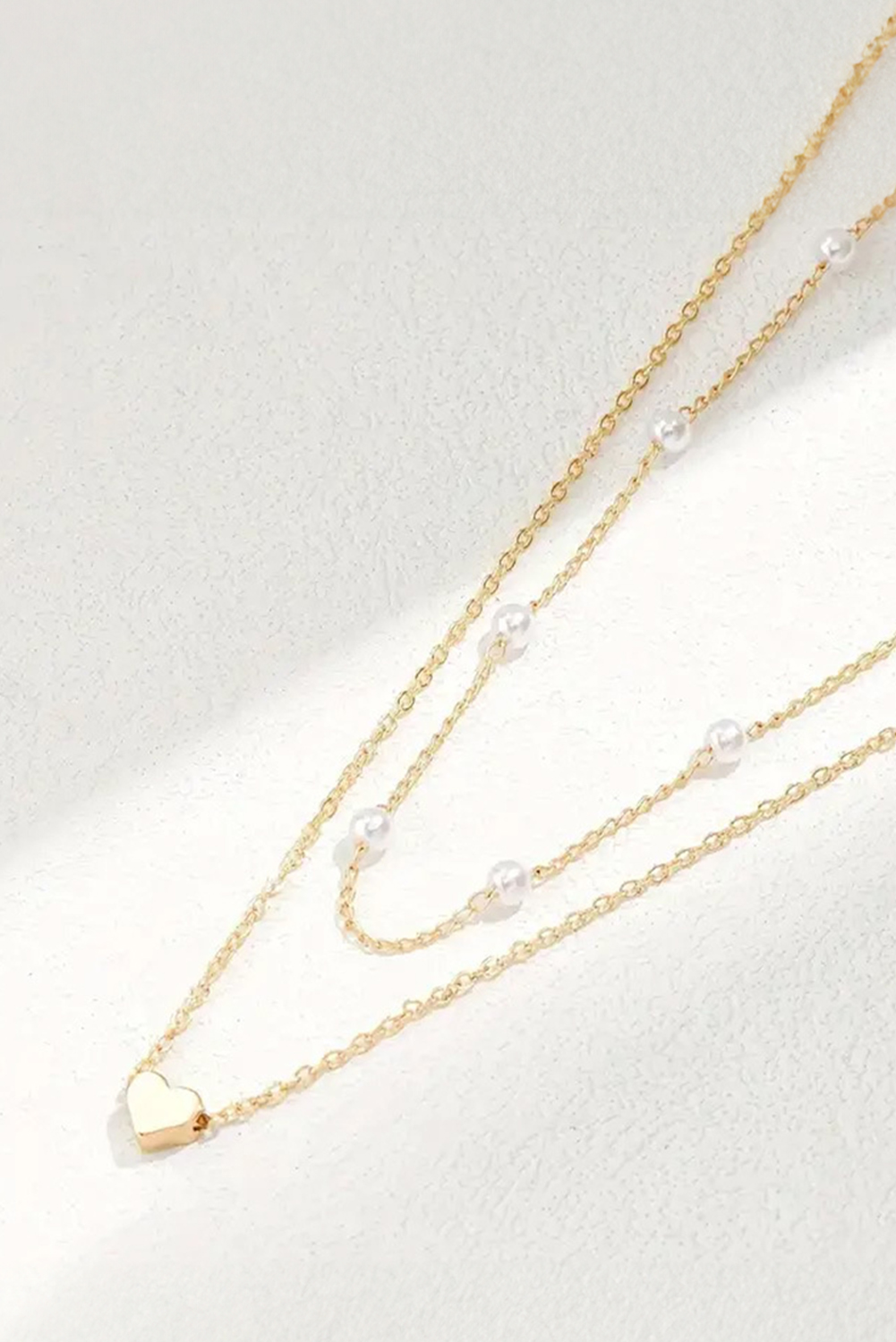 Gold Plated Heart and Pearl Detail 2pcs Layered Necklace - loveforevers
