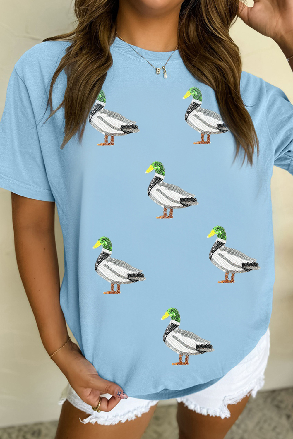 Light Blue Sequin Mallard Graphic Womens Casual Tee - loveforevers