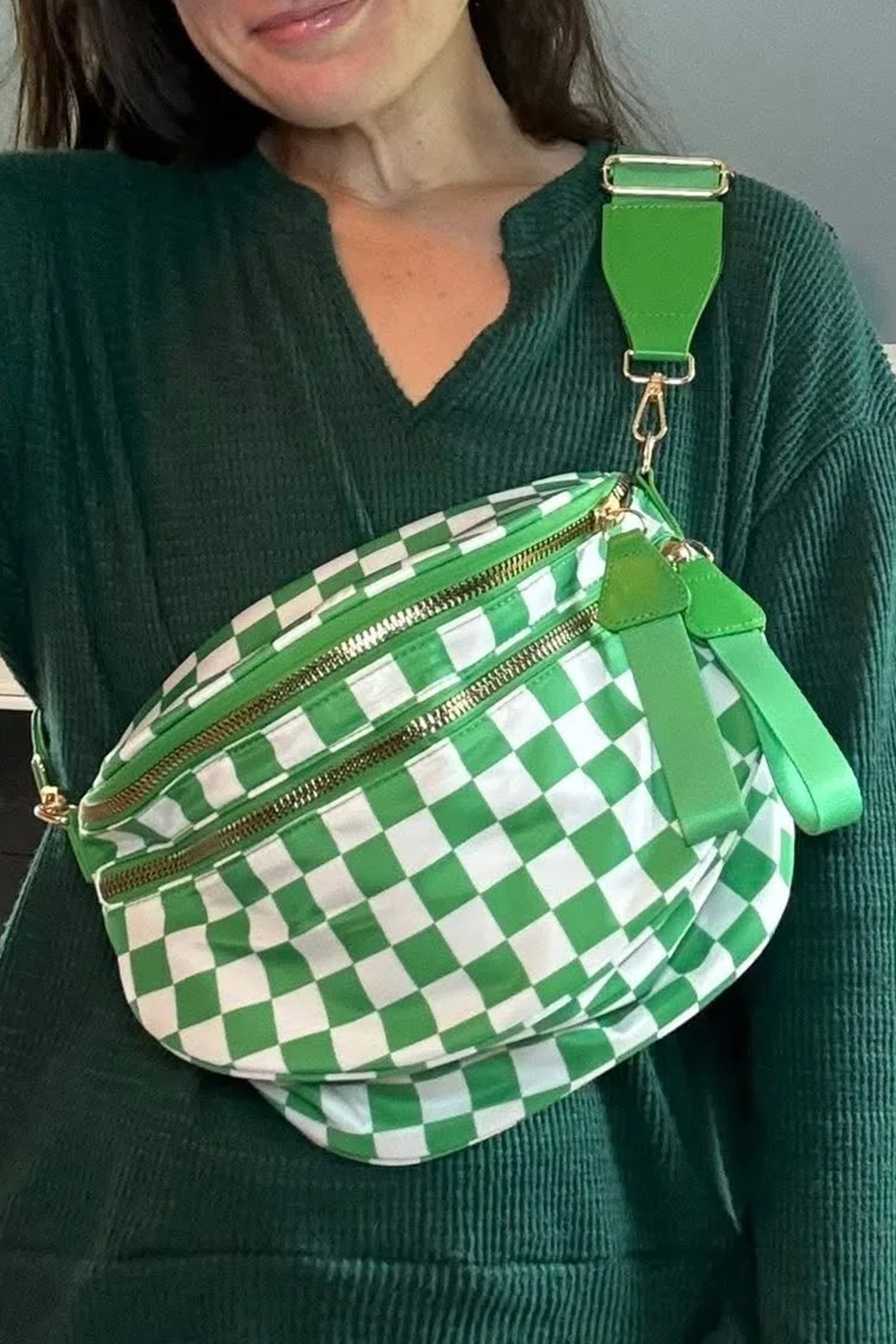 Jungle Green Double Zip Crescent Shape Adjustable Sling Bag - loveforevers