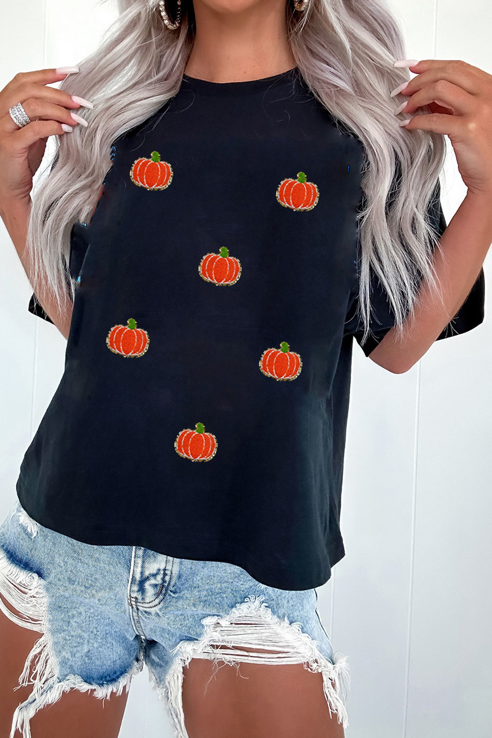 Black Chenille Pumpkin Patched Casual Cotton Blend T Shirt - loveforevers