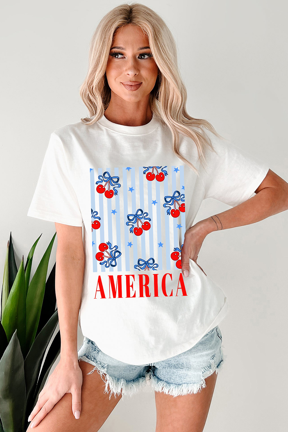 White Bow Cherry AMERICA Graphic Crewneck Patriotic T Shirt - loveforevers