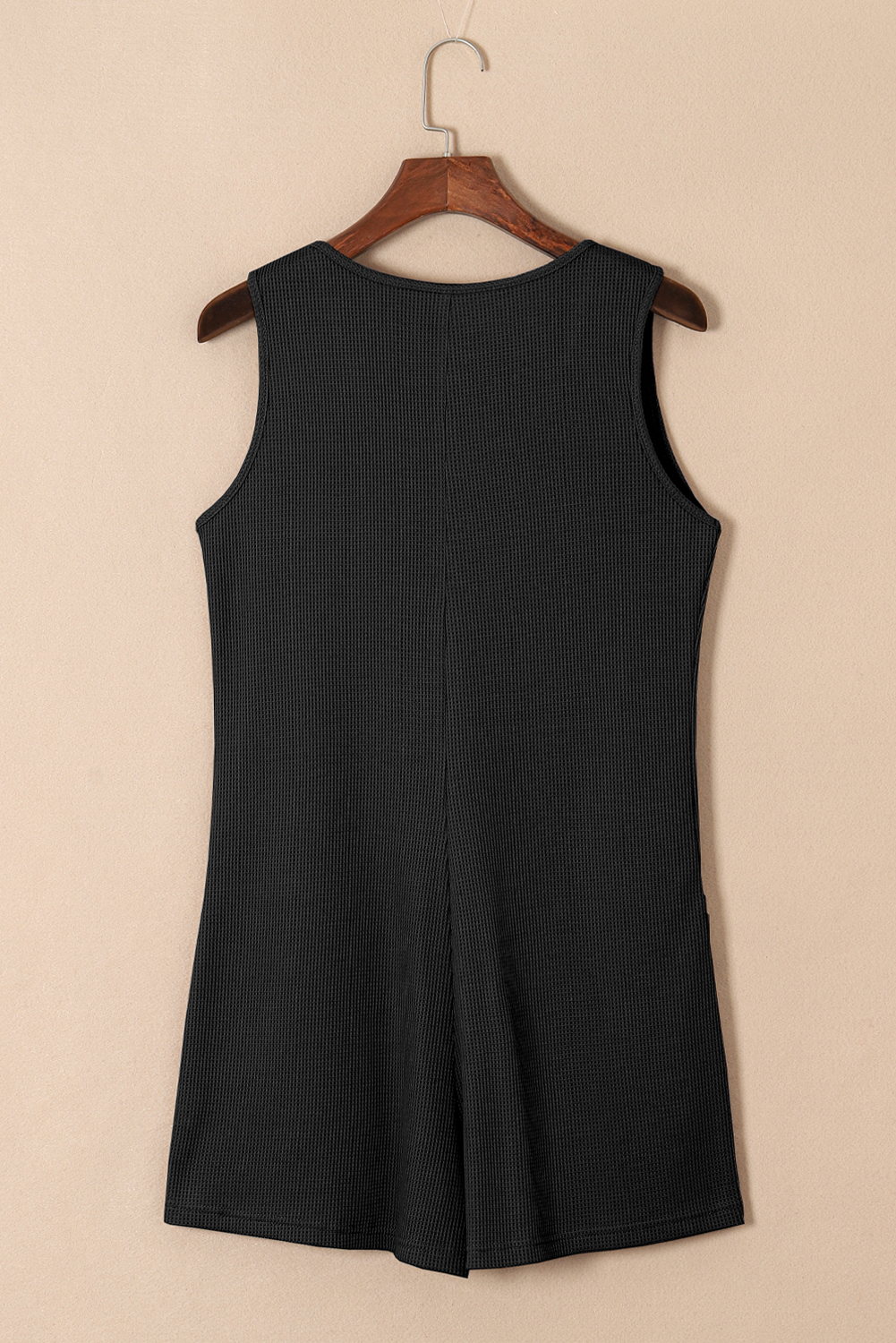 Black Waffle Sleeveless U Neck Buttons Romper With Pockets - loveforevers