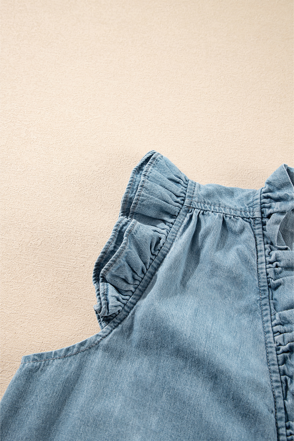 Beau Blue Frilly Ruffle Trim V Neck Chambray Tank Top - loveforevers