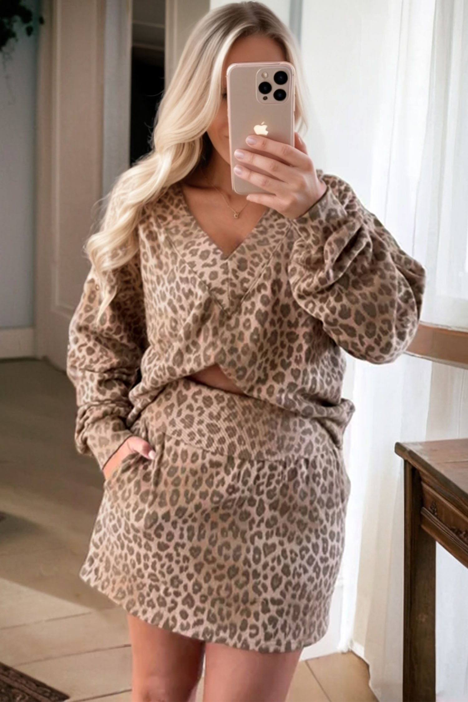 Light French Beige Leopard Print V Neck Pullover Mini Skirt 2pcs Set - loveforevers