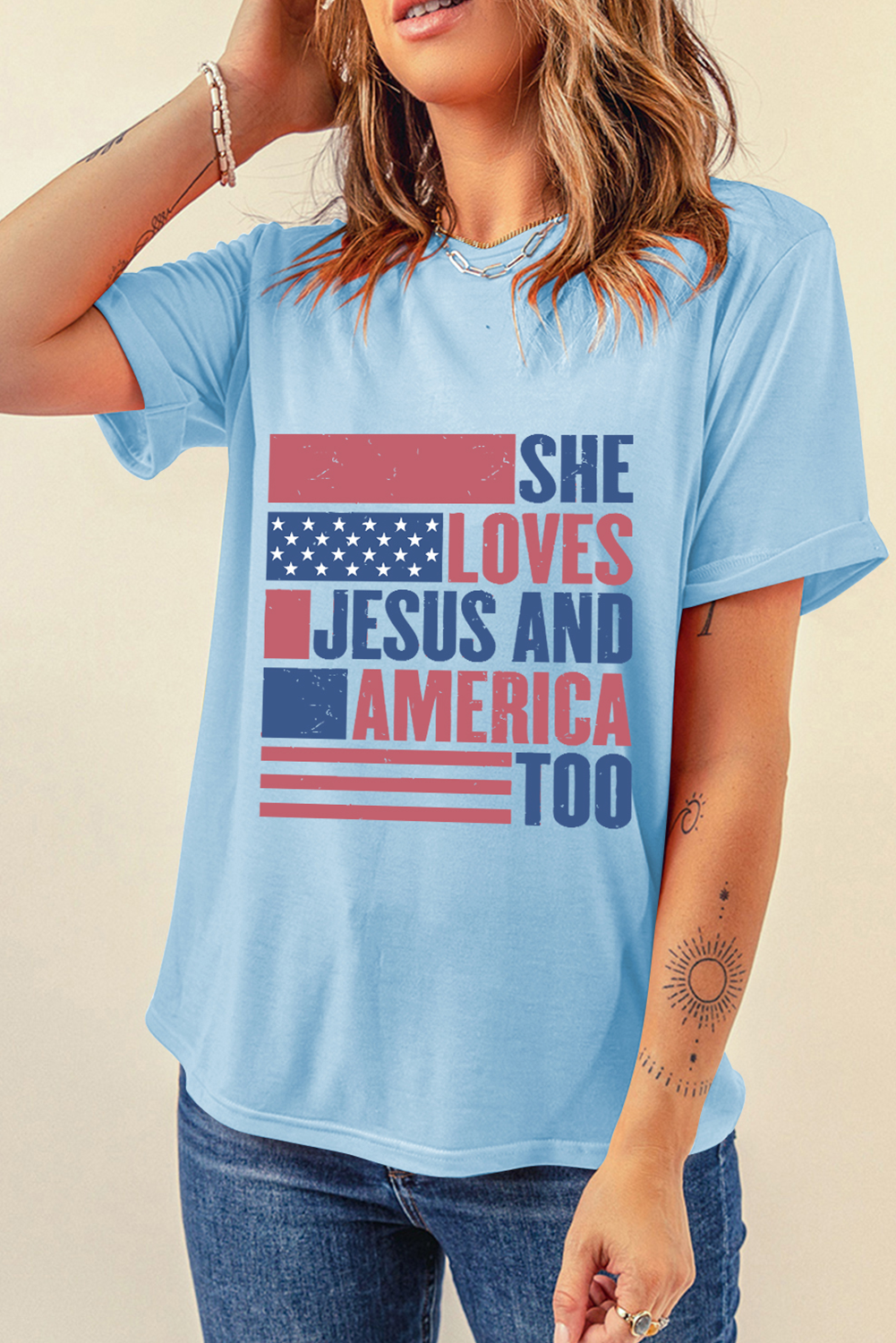 Light Blue SHE LOVES JESUS AND AMERICA TOO Flag Graphic T Shirt - loveforevers