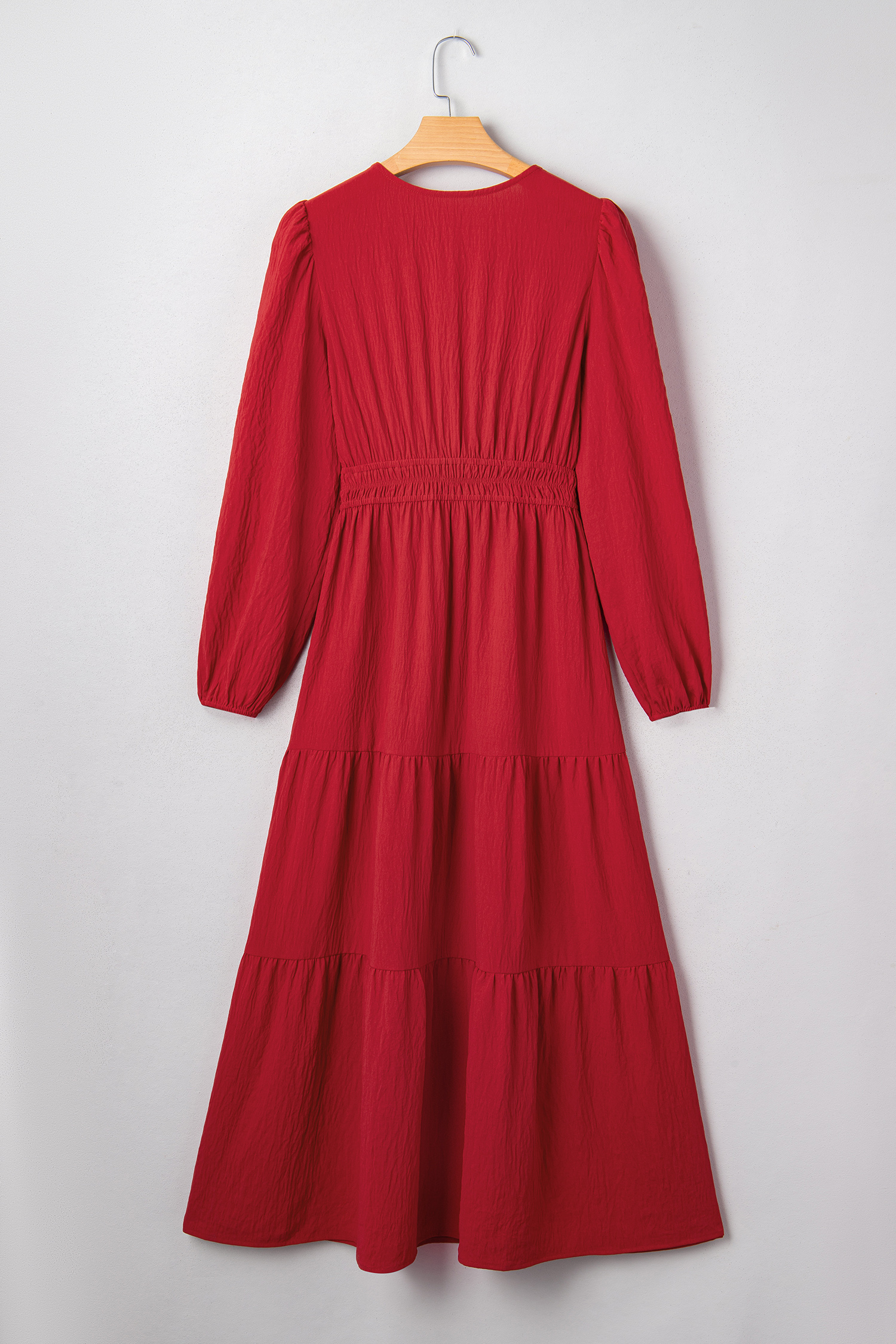 Racing Red Contrast Embroidered Detail Cinched Waist Tiered Long Sleeve Maxi Dress - loveforevers