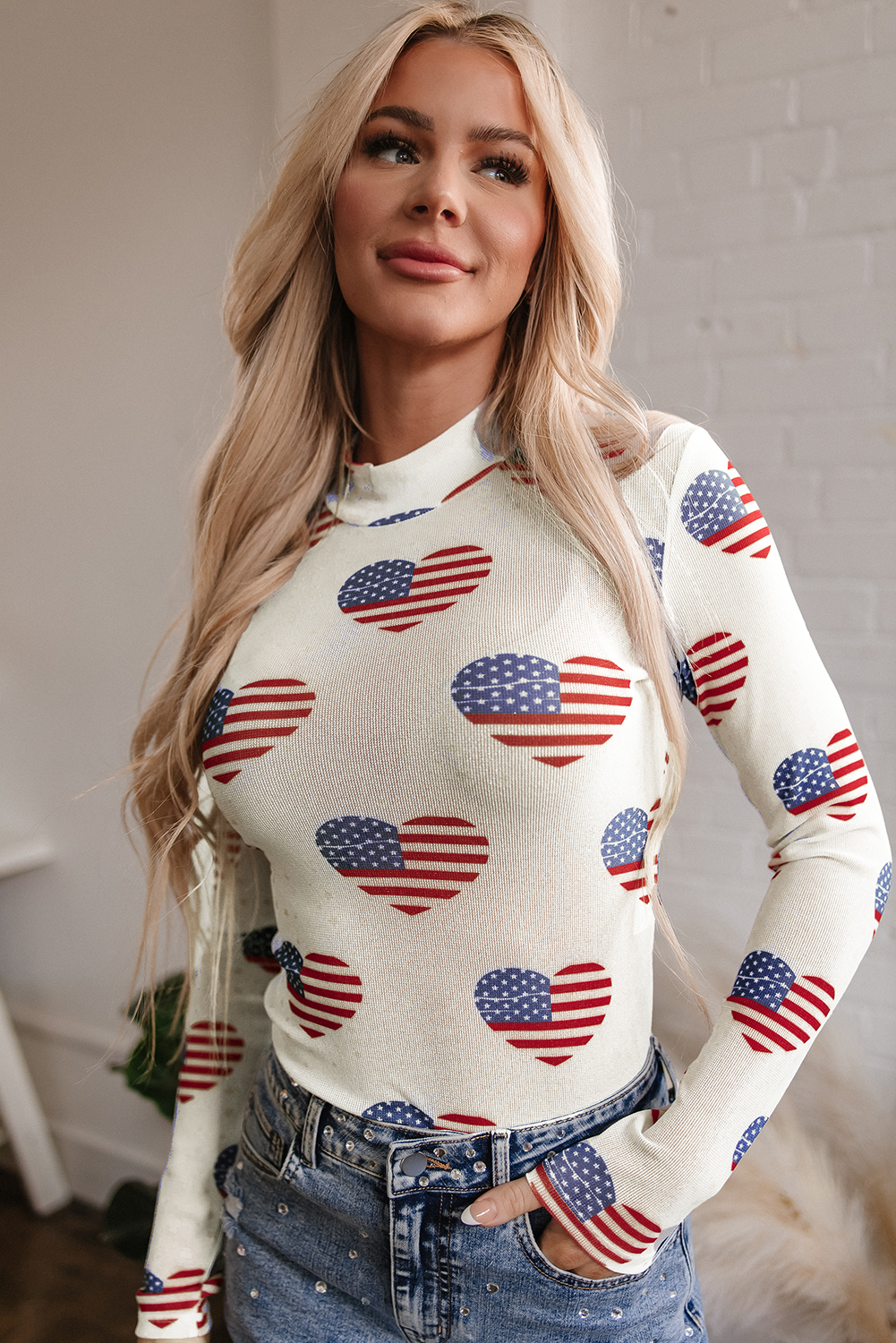 White Americana Glitter Mesh Long Sleeve Bodysuit - loveforevers