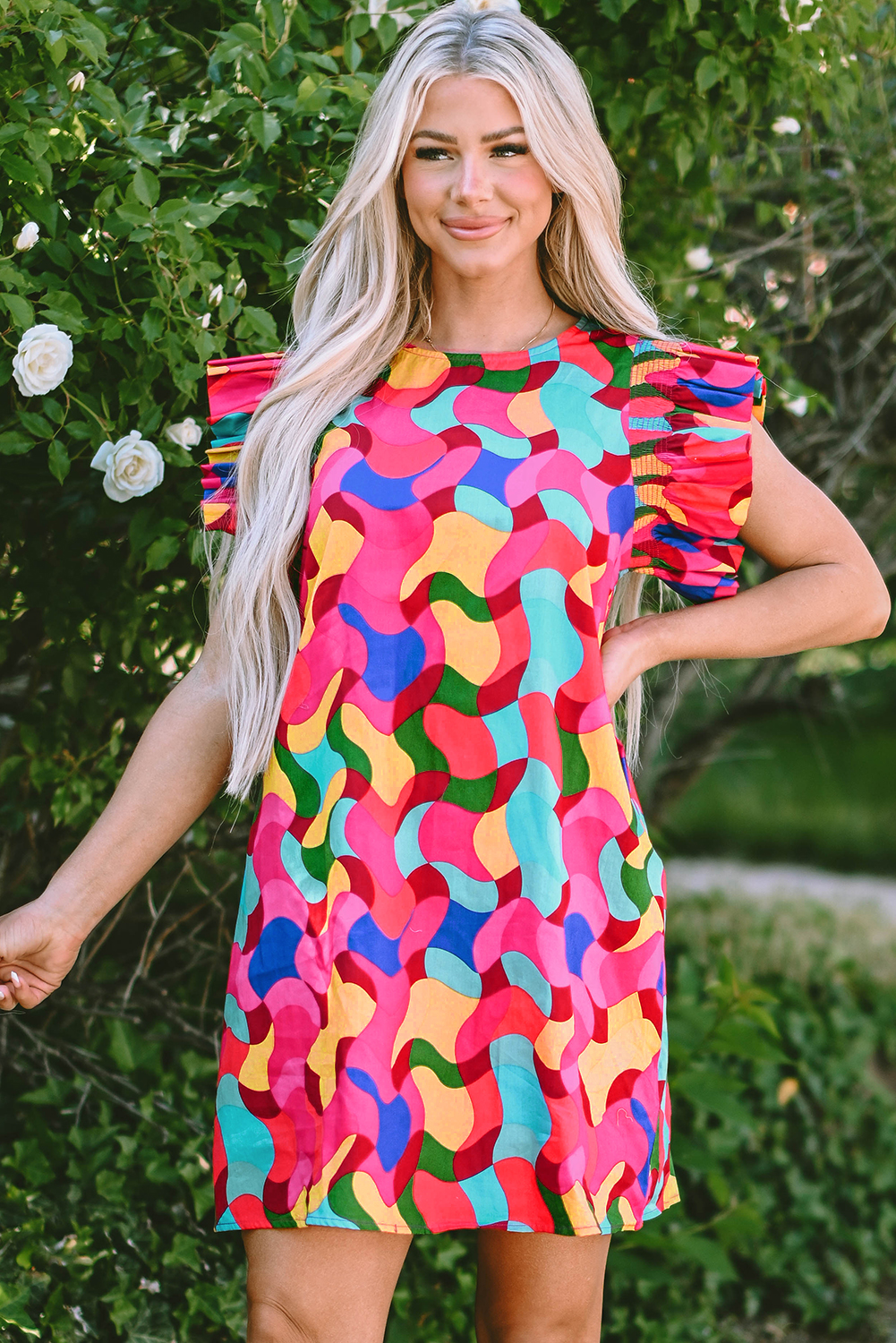 Rose Red Dramatic Ruffle Sleeve Smock Neck Wavy Print Top - loveforevers